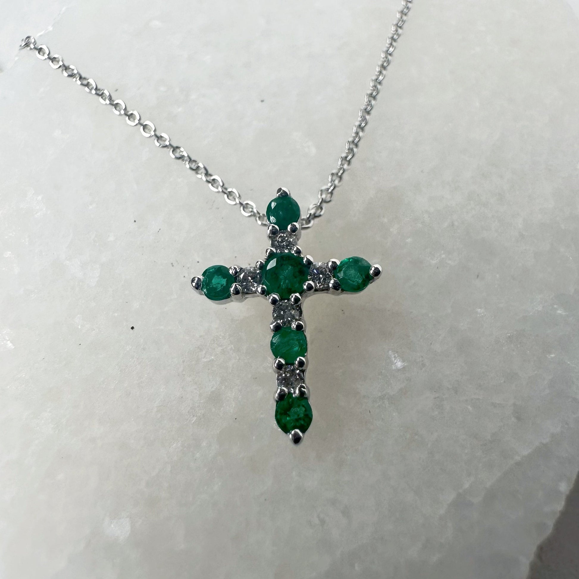 14K Solid White Gold Genuine Emerald and Diamond Cross Pendant
