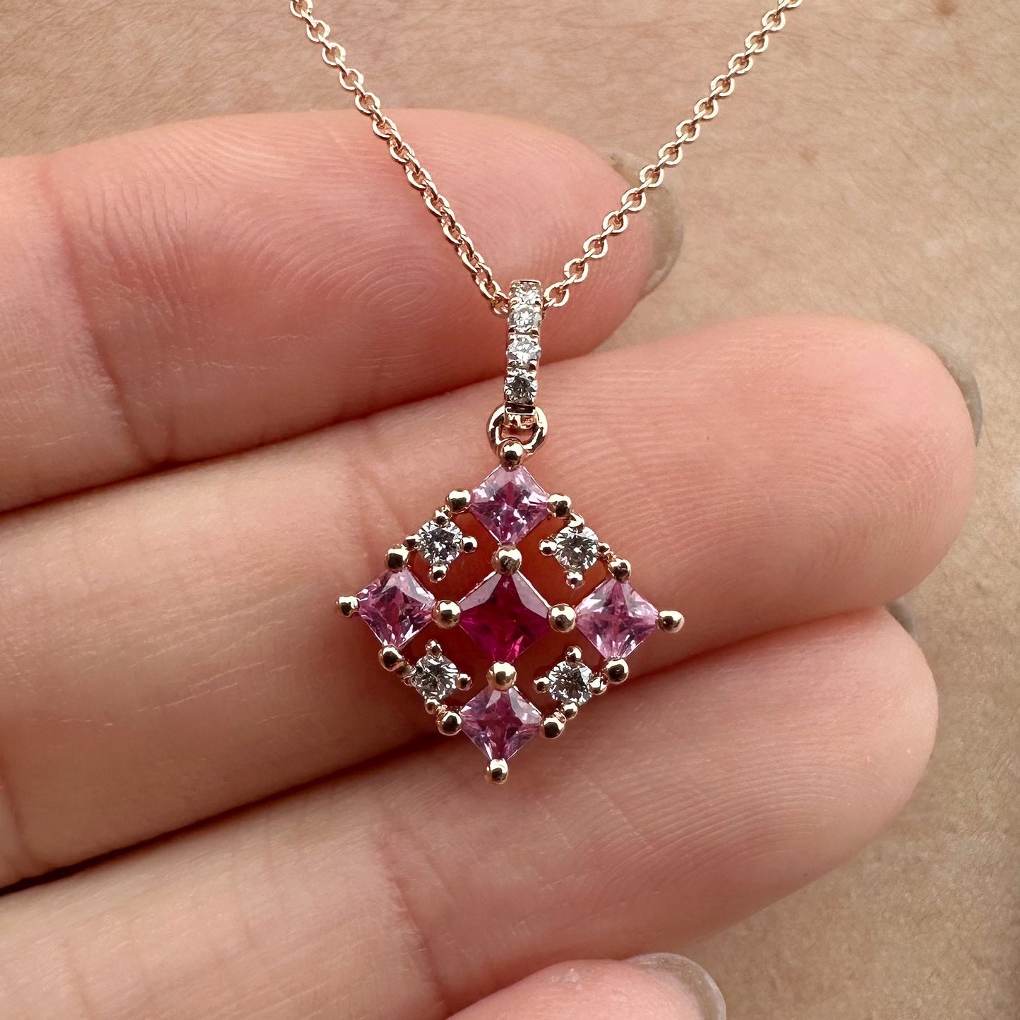 14K Solid Gold Genuine Pink Sapphire, Ruby and Diamond Pendant