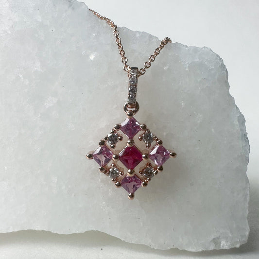 14K Solid Gold Genuine Pink Sapphire, Ruby and Diamond Pendant
