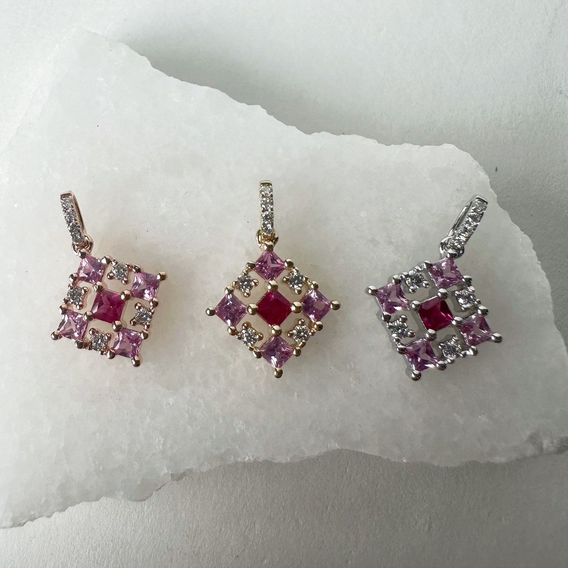 14K Solid Gold Genuine Pink Sapphire, Ruby and Diamond Pendant