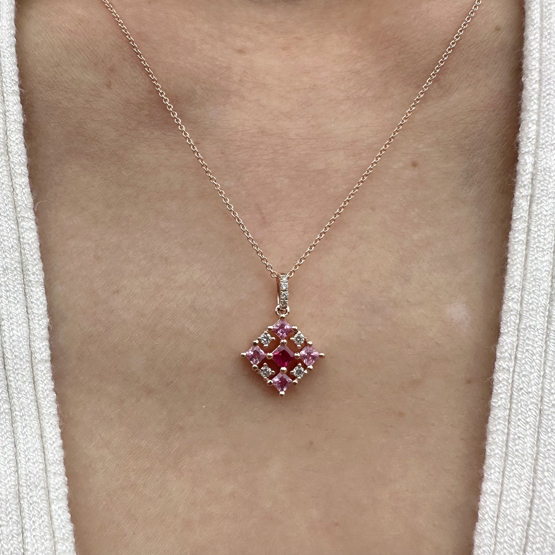 14K Solid Gold Genuine Pink Sapphire, Ruby and Diamond Pendant