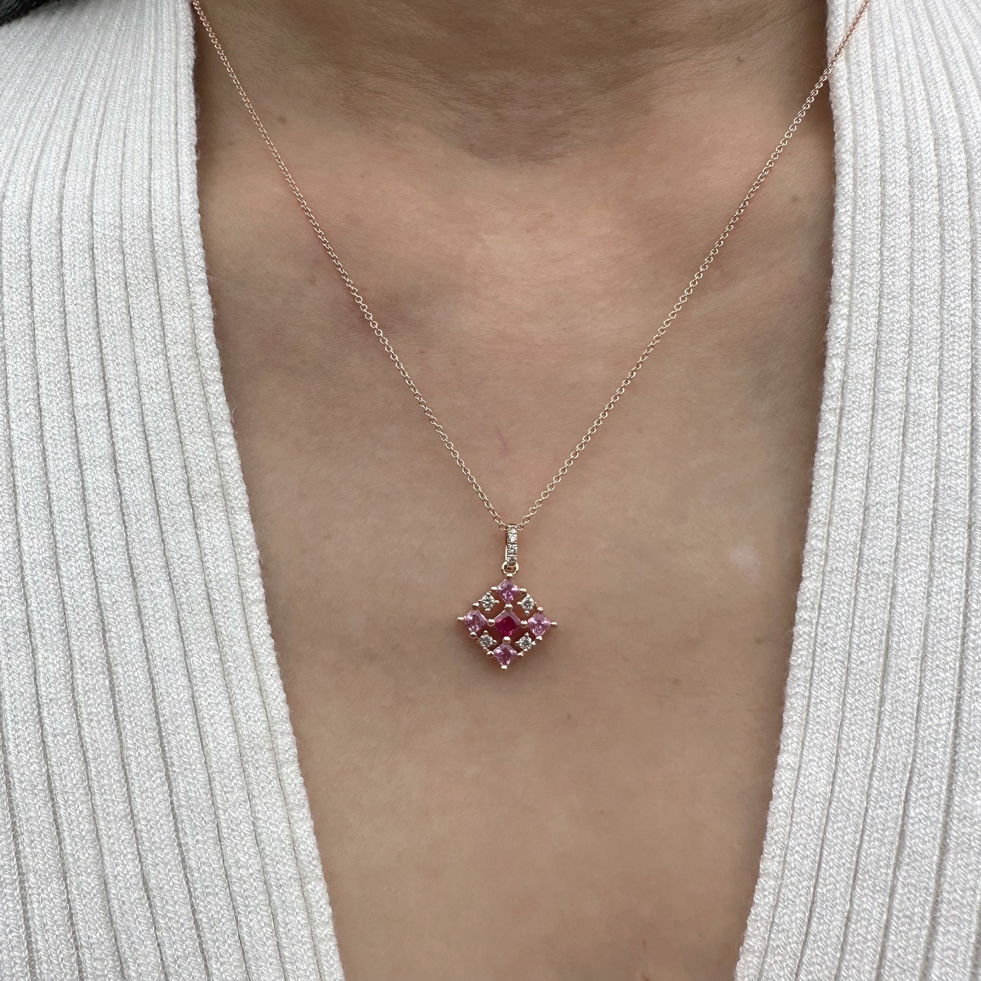 14K Solid Gold Genuine Pink Sapphire, Ruby and Diamond Pendant