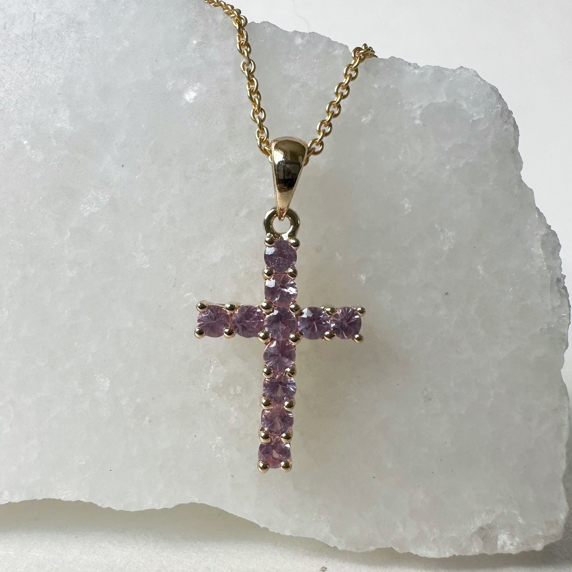 14K Solid Gold Genuine Pink Sapphire Cross Pendant