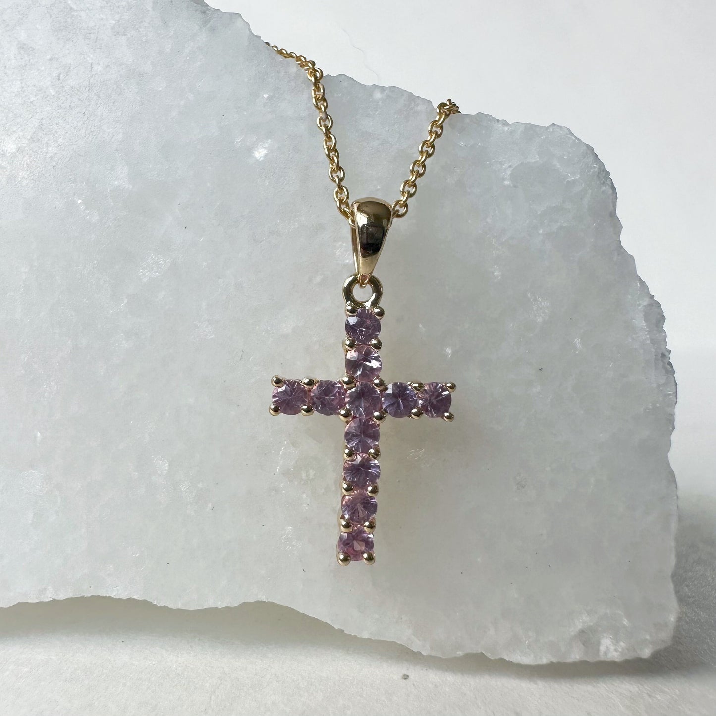 14K Solid Gold Genuine Pink Sapphire Cross Pendant