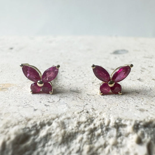 14K Solid Gold Genuine Ruby Butterfly Studs/Pair