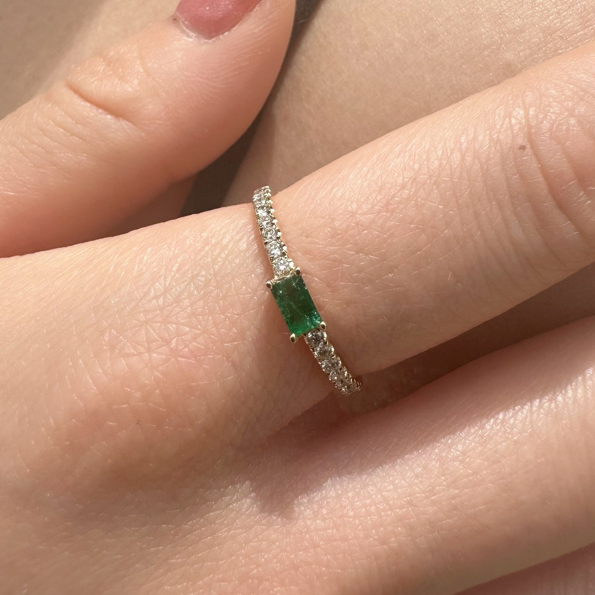 14K Solid Gold Genuine Baguette Emerald and Diamond Ring