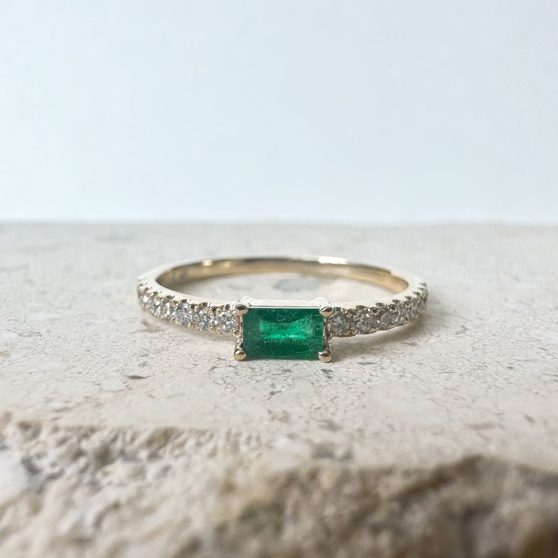 14K Solid Gold Genuine Baguette Emerald and Diamond Ring