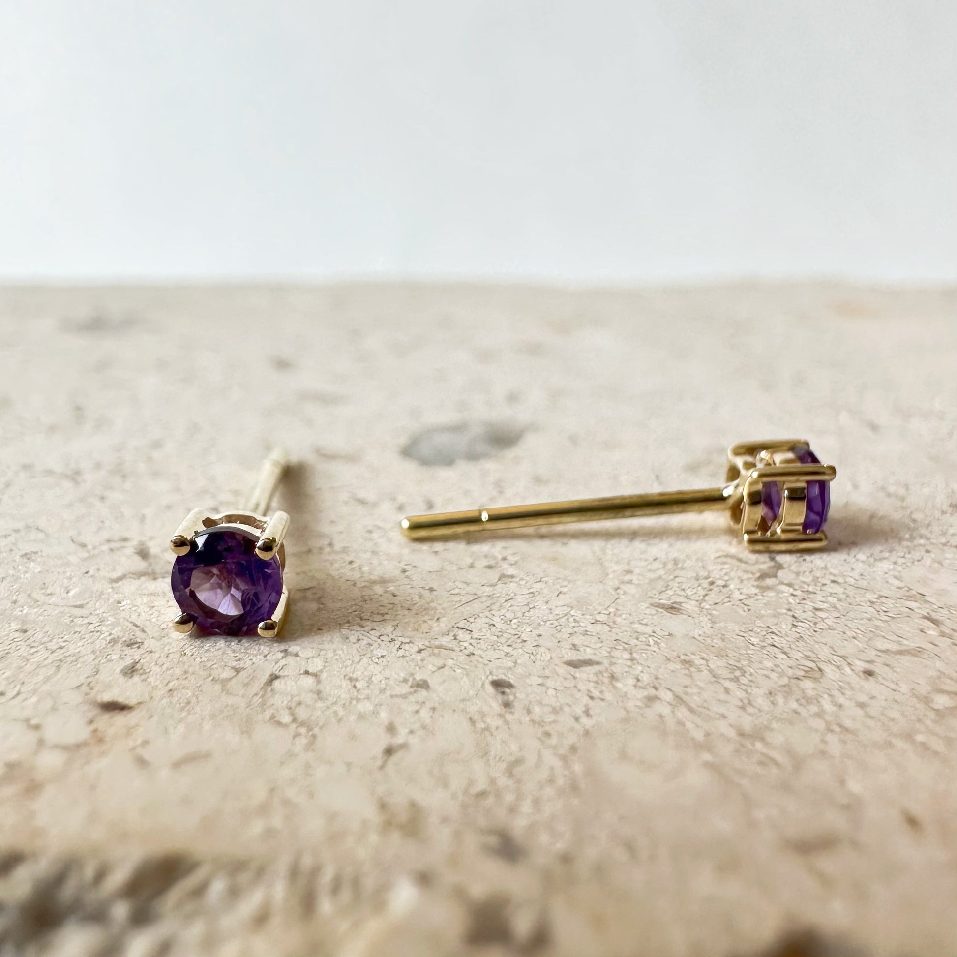 14K Solid Gold Genuine Amethyst 3mm Studs/Pair