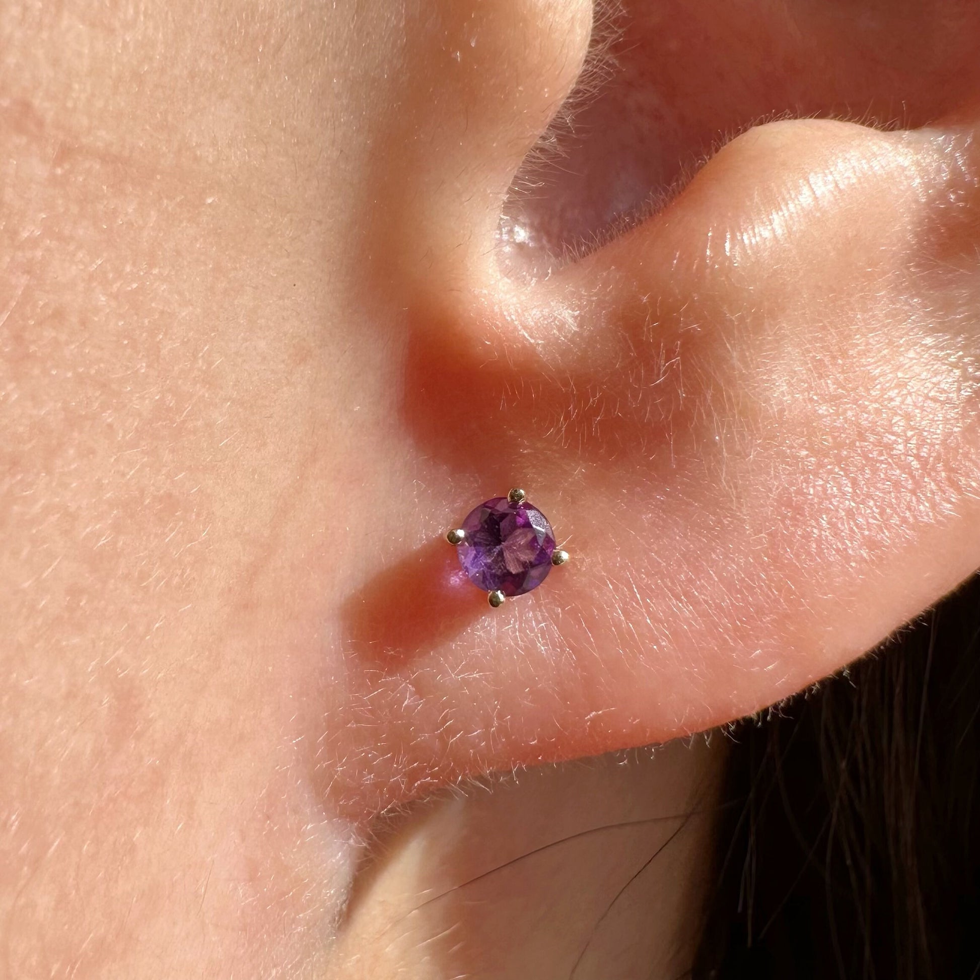 14K Solid Gold Genuine Amethyst 3mm Studs/Pair