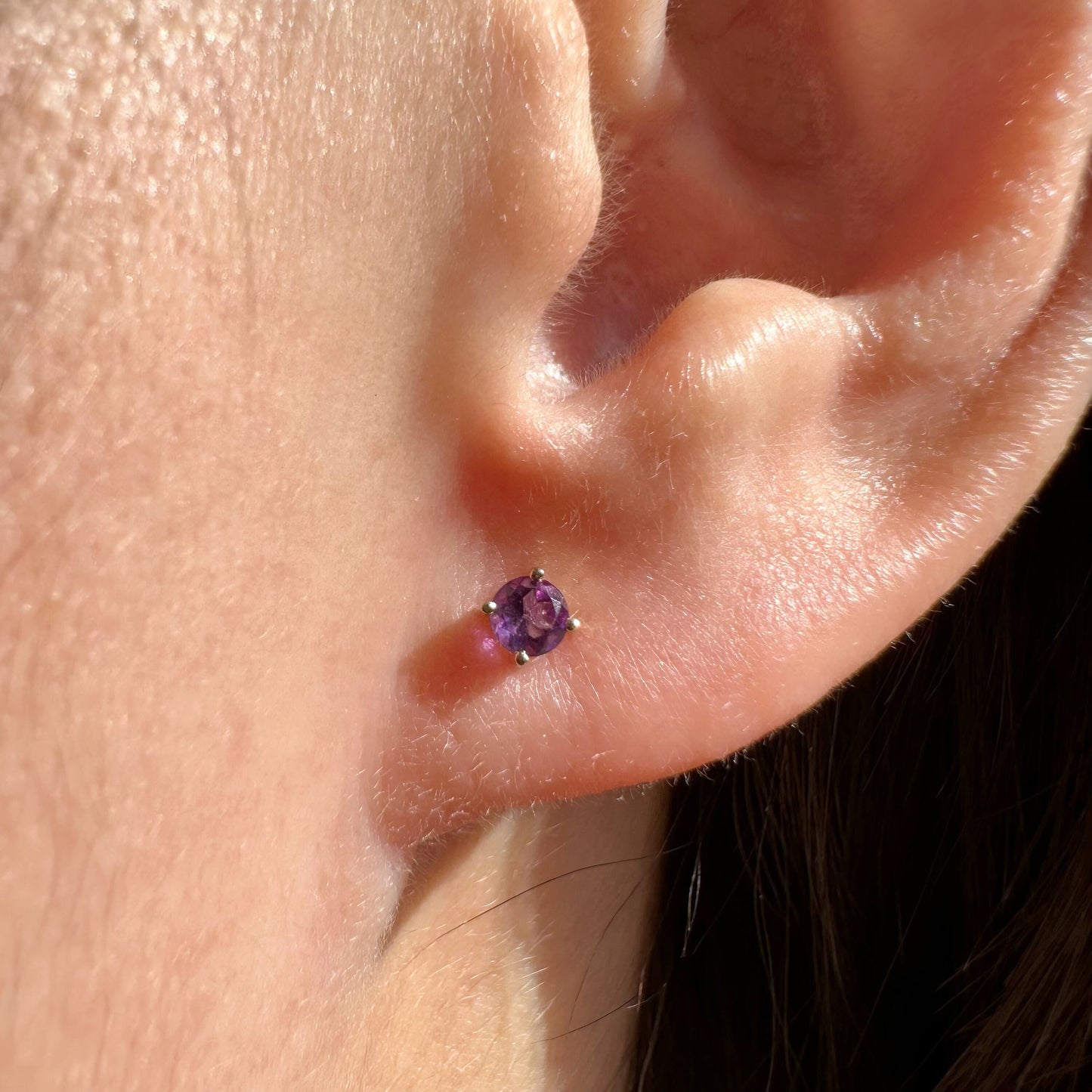 14K Solid Gold Genuine Amethyst 3mm Studs/Pair