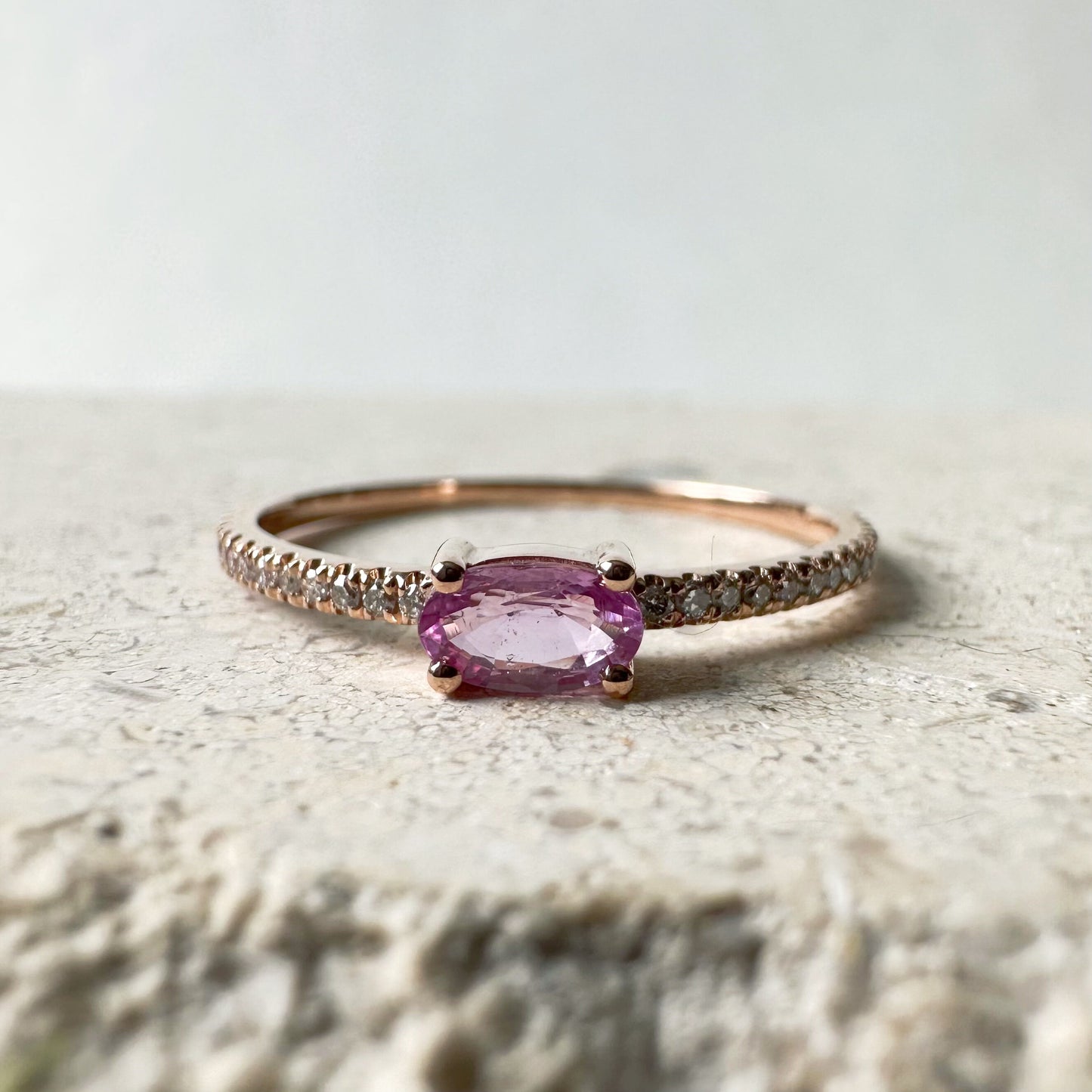 14K Solid Rose Gold Genuine Oval Pink Sapphire and Diamond Ring