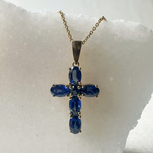 14K Solid Gold Genuine Sapphire Cross Pendant (pendant only)
