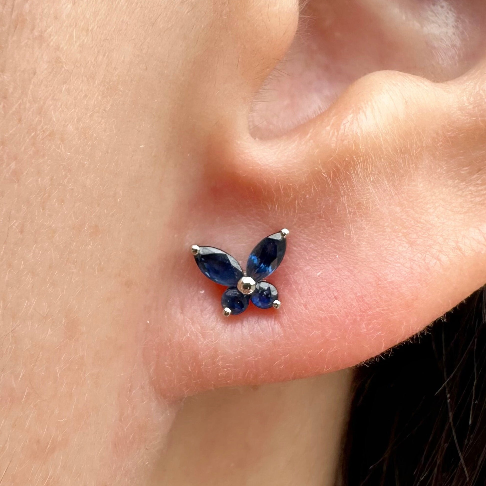 14K Solid Gold Genuine Sapphire Butterfly Studs/Pair