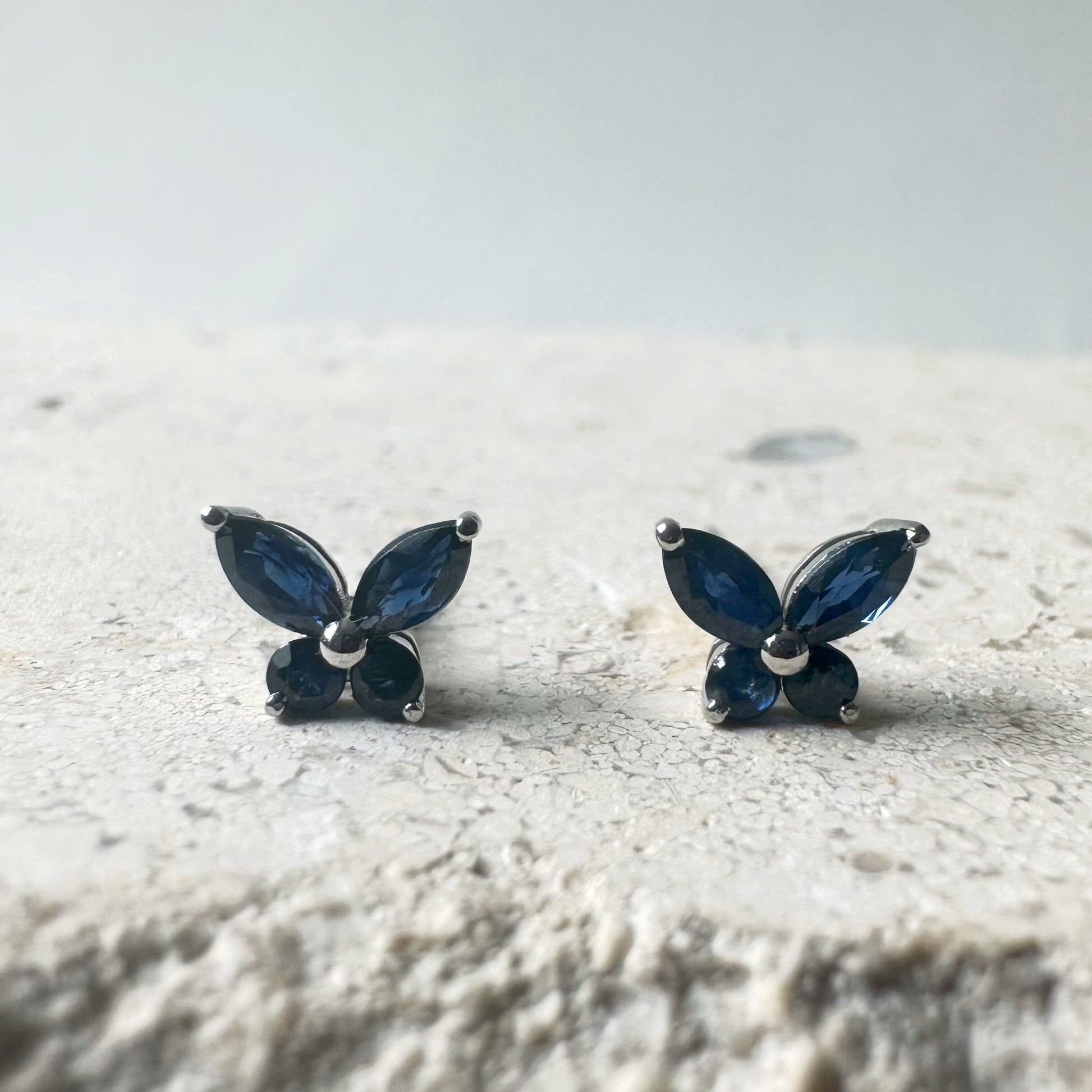 14K Solid Gold Genuine Sapphire Butterfly Studs/Pair