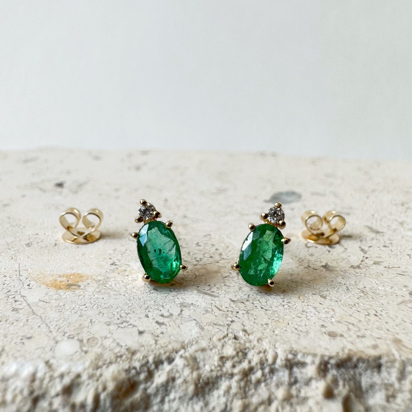 14K Solid Gold Genuine Emerald and Diamond Stacked Studs/Pair