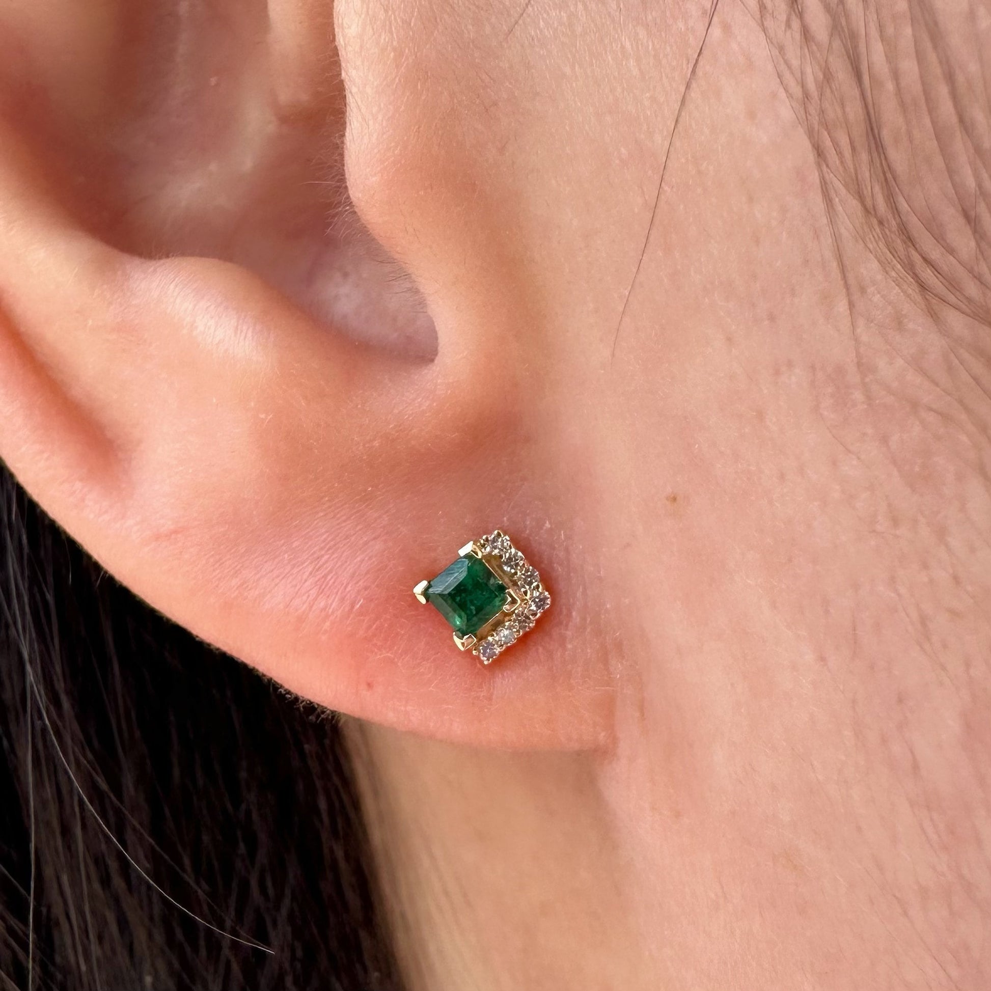 14K Solid Gold Genuine Emerald and Diamond Square Studs/Pair