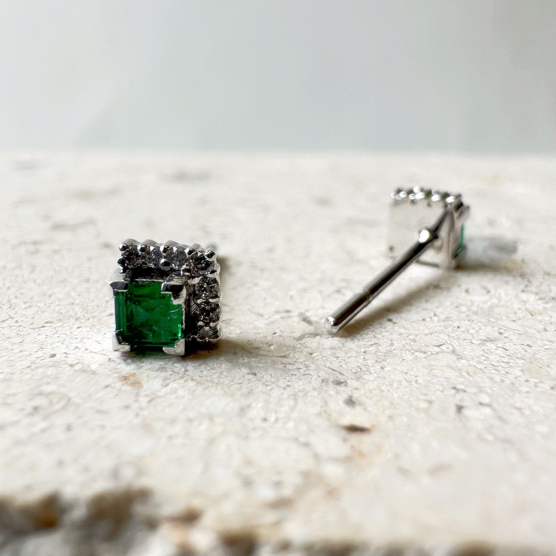 14K Solid Gold Genuine Emerald and Diamond Square Studs/Pair