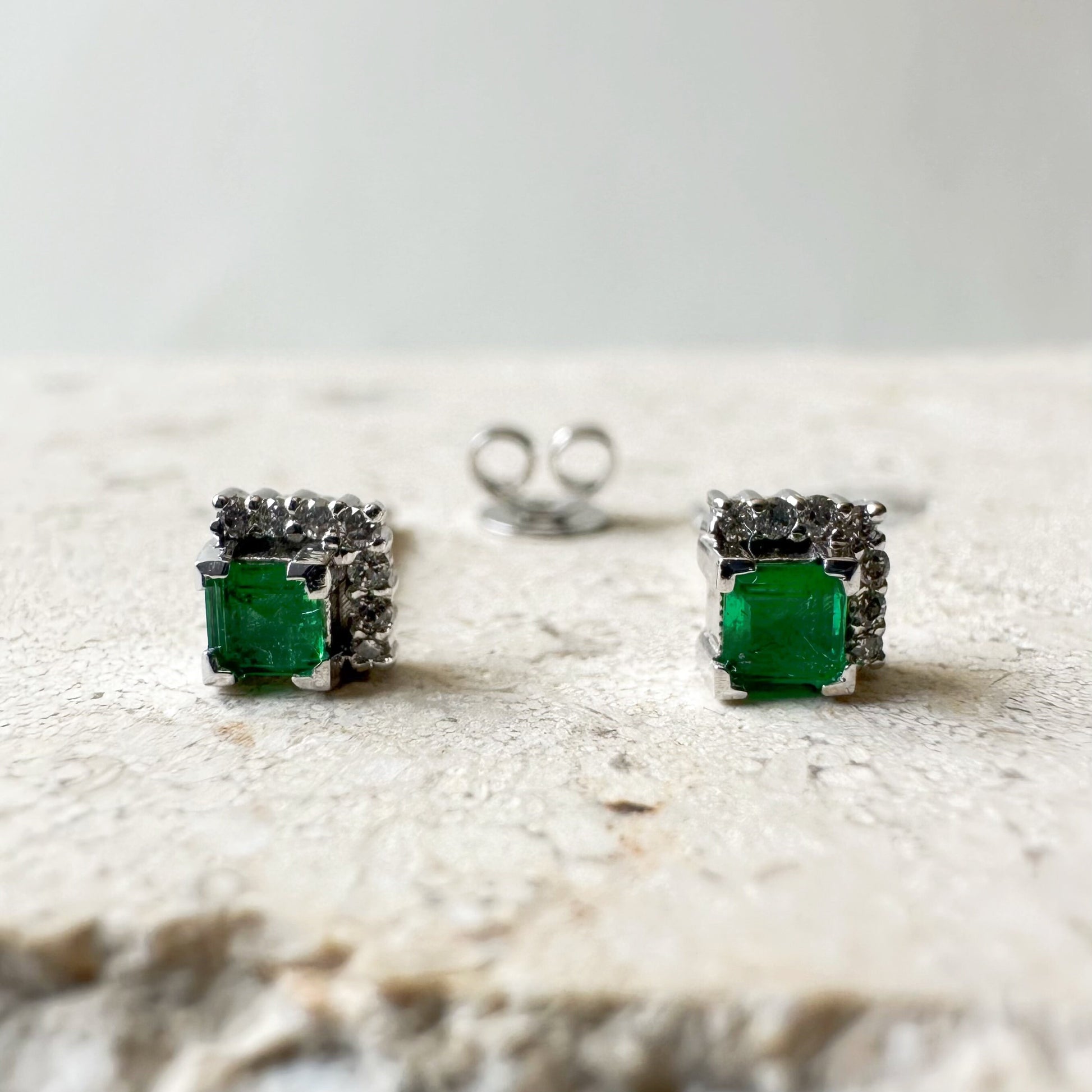 14K Solid Gold Genuine Emerald and Diamond Square Studs/Pair