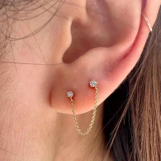 14K Solid Gold Genuine Diamond Double Piercing Chain Earrings/Pair