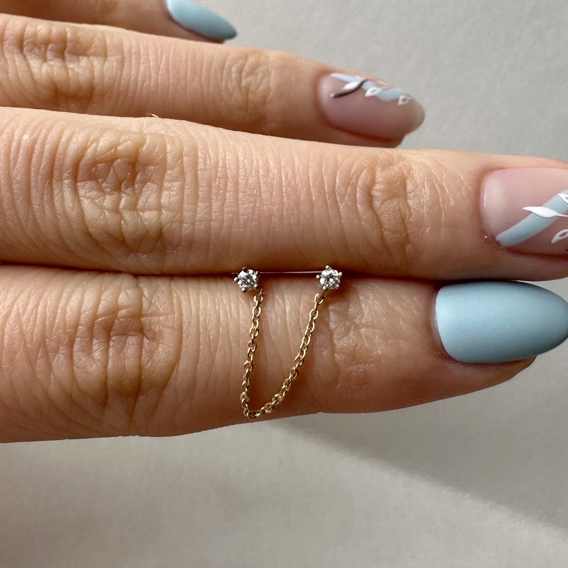 14K Solid Gold Genuine Diamond Double Piercing Chain Earrings/Pair