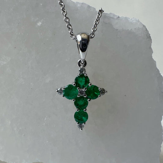 14K Solid White Gold Genuine Emerald and Diamond Dainty Cross Pendant