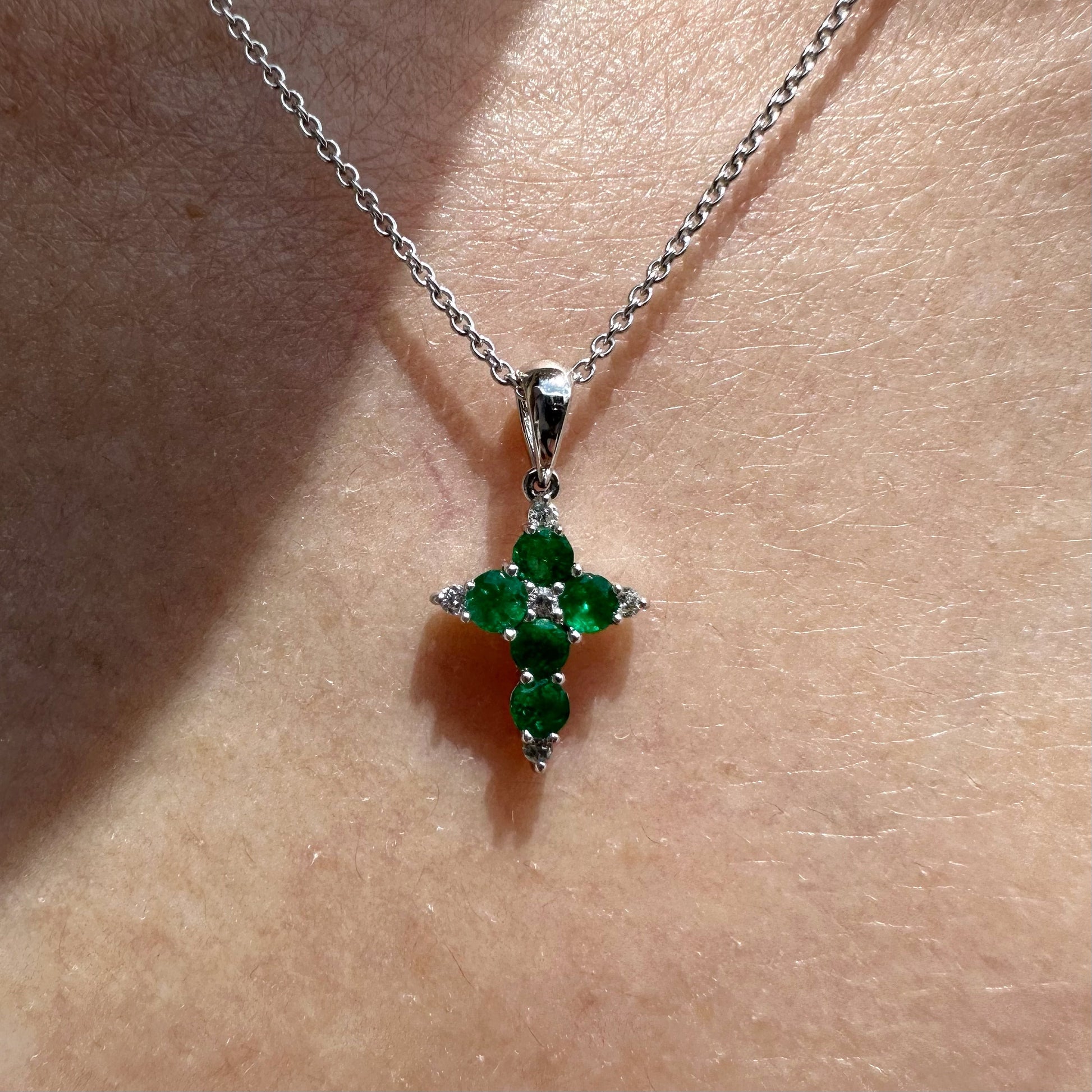 14K Solid White Gold Genuine Emerald and Diamond Dainty Cross Pendant
