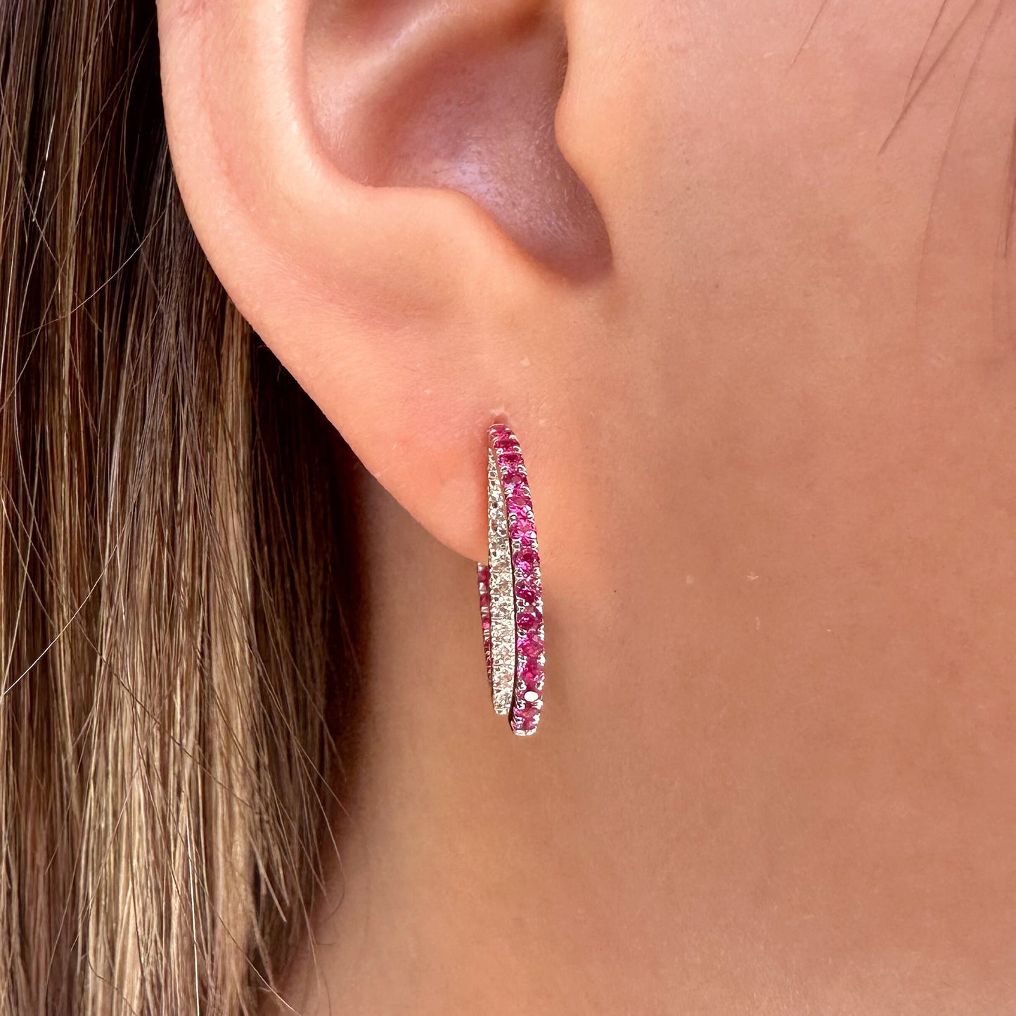 14K Solid White Gold Genuine Ruby and Diamond Hoop Studs/Pair