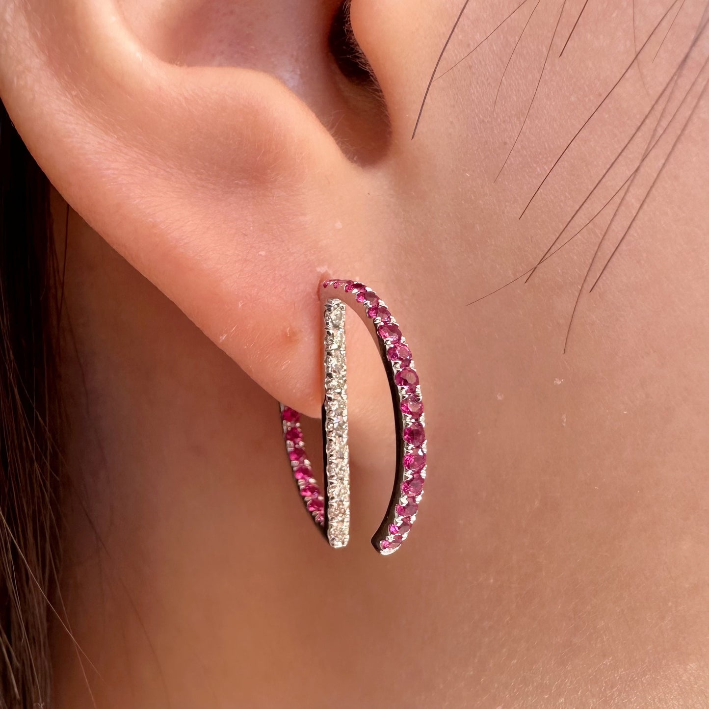 14K Solid White Gold Genuine Ruby and Diamond Hoop Studs/Pair