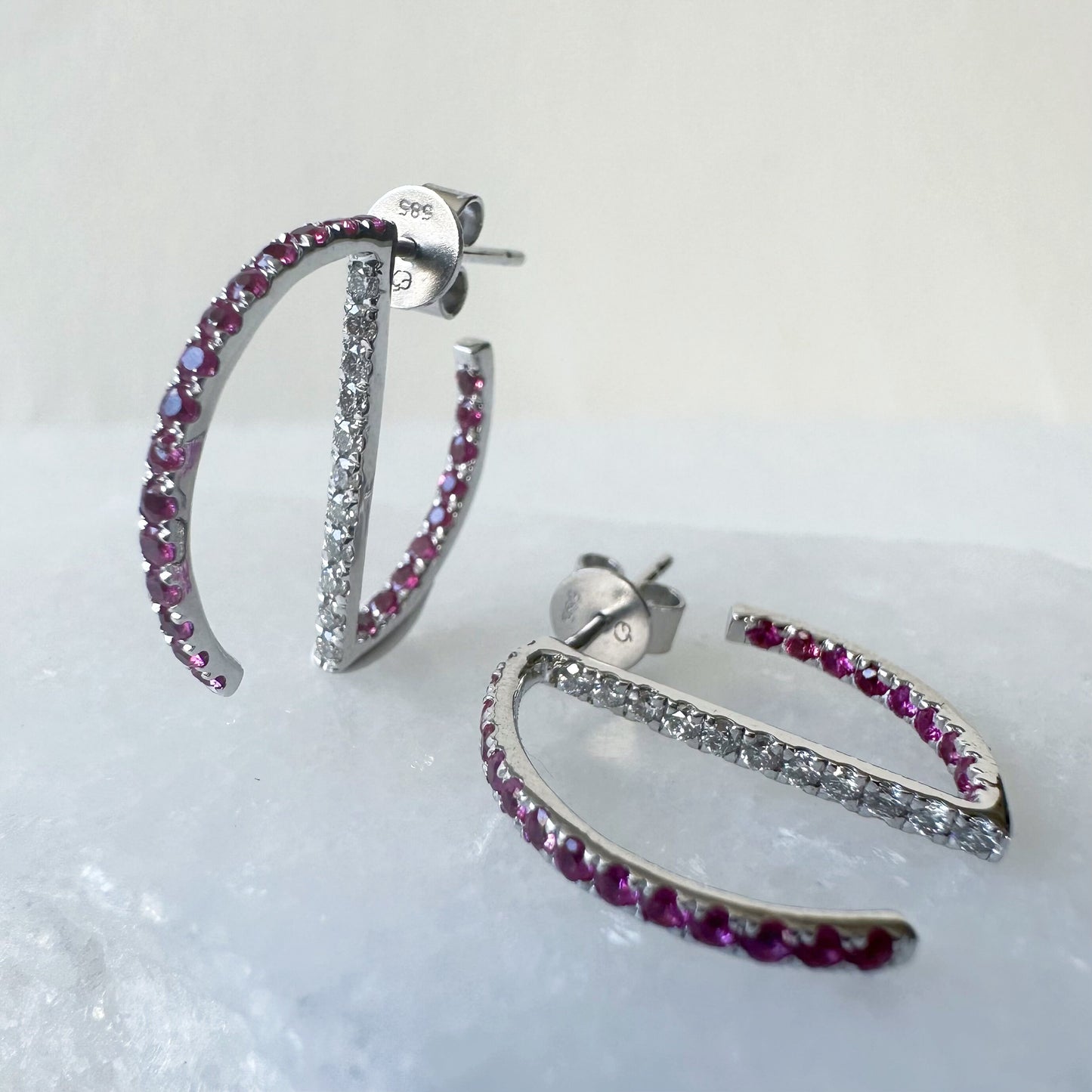 14K Solid White Gold Genuine Ruby and Diamond Hoop Studs/Pair