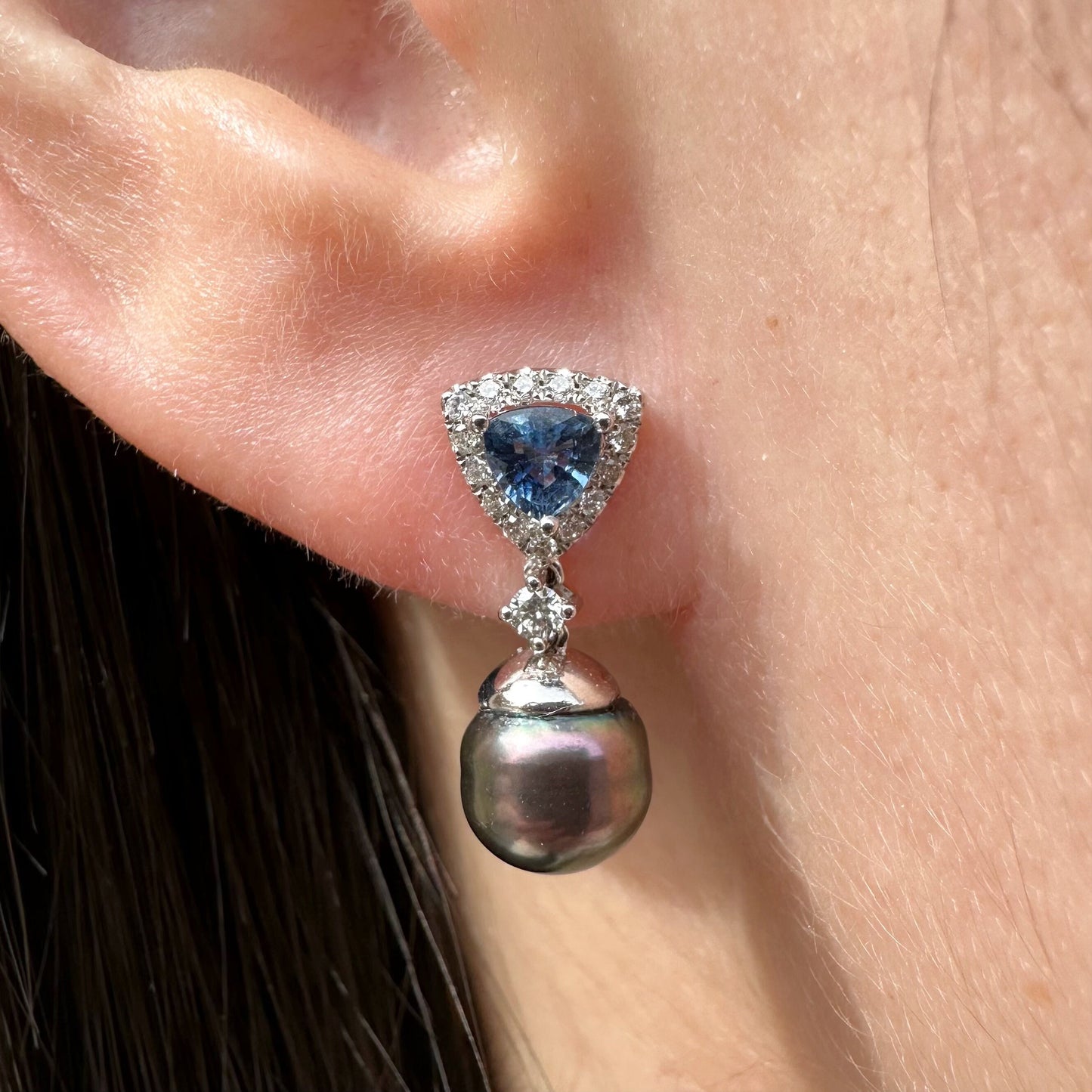 14K Solid Gold Genuine Akoya Black Pearl, Diamond, and Ceylon Sapphire Fancy Earrings/Pair