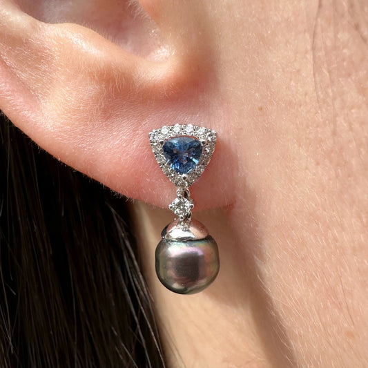 14K Solid Gold Genuine Akoya Black Pearl, Diamond, and Ceylon Sapphire Fancy Earrings/Pair
