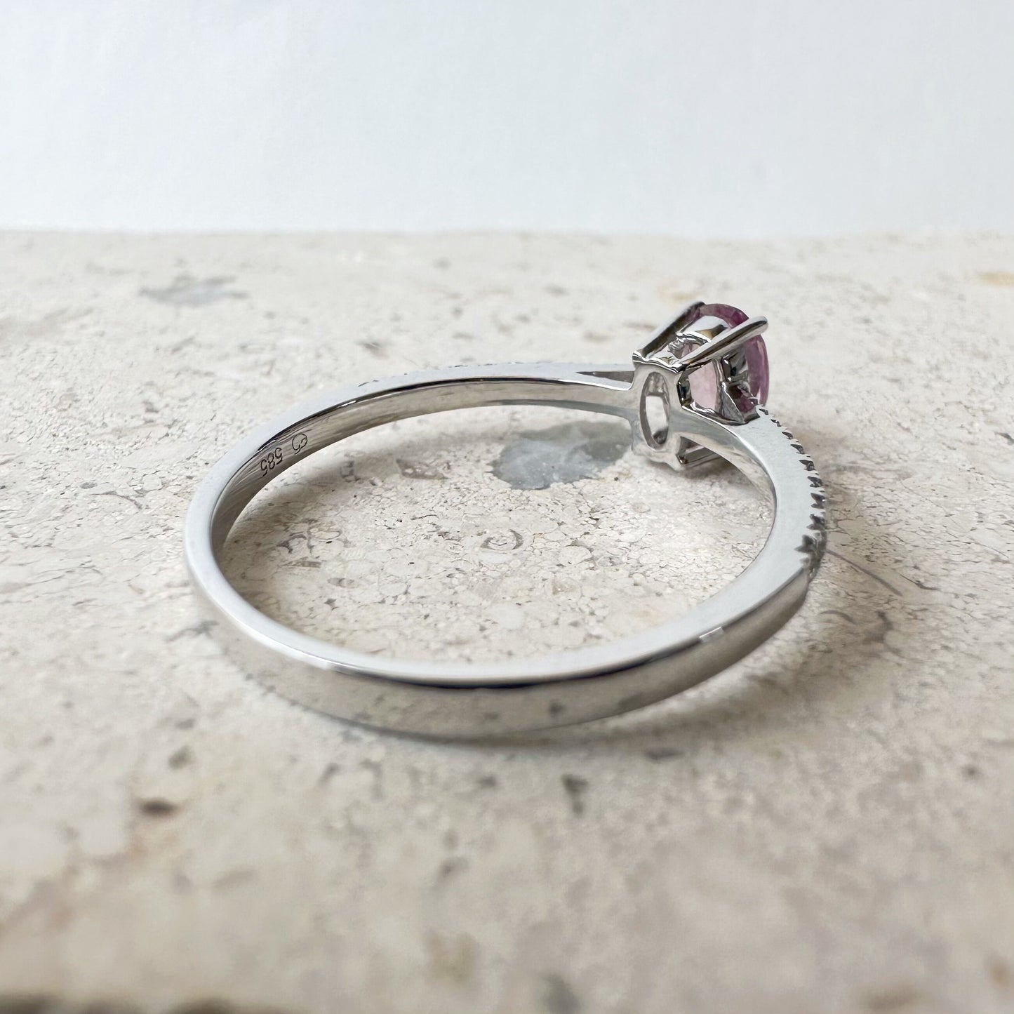 14K Solid White Gold Genuine Oval Pink Sapphire and Diamond Ring