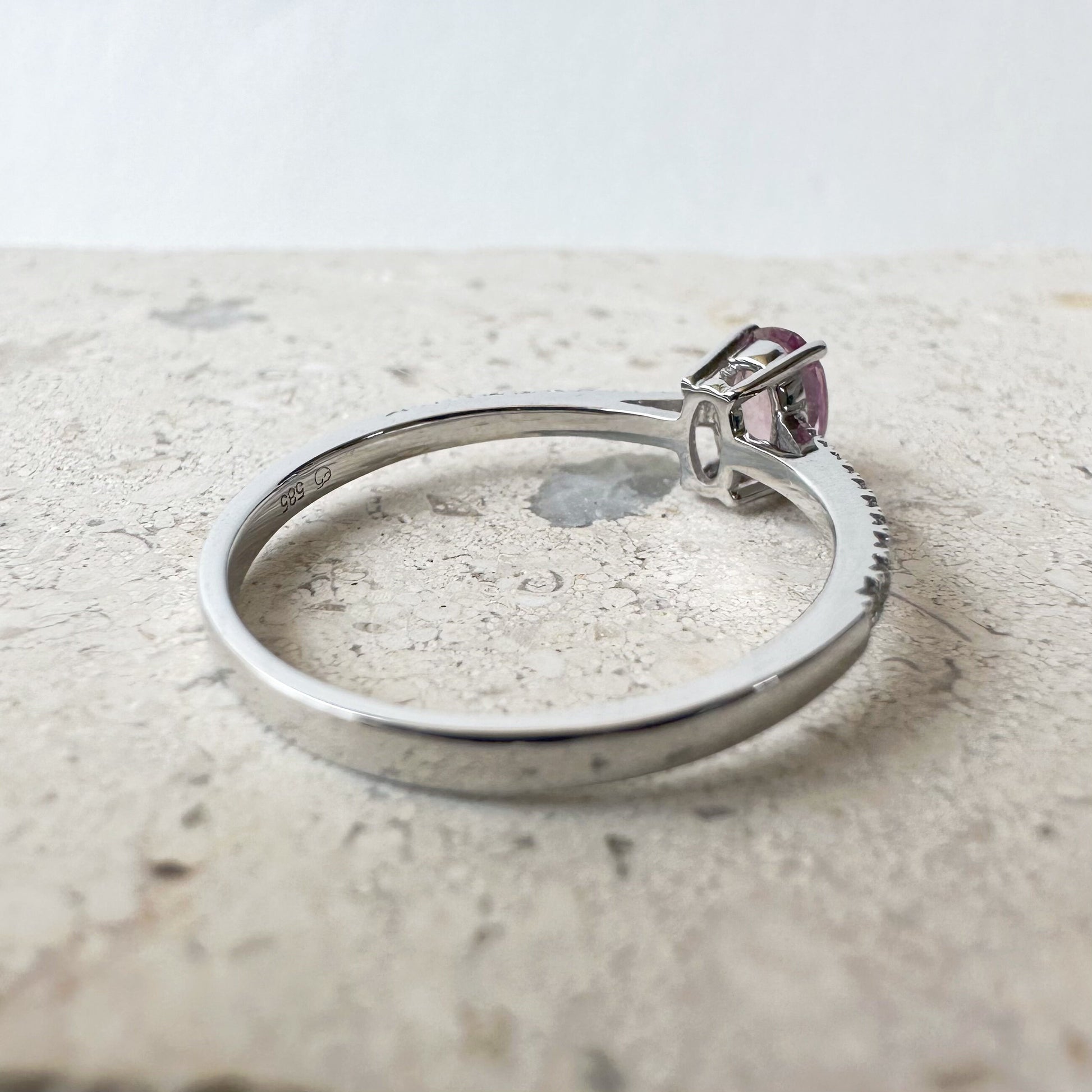 14K Solid White Gold Genuine Oval Pink Sapphire and Diamond Ring