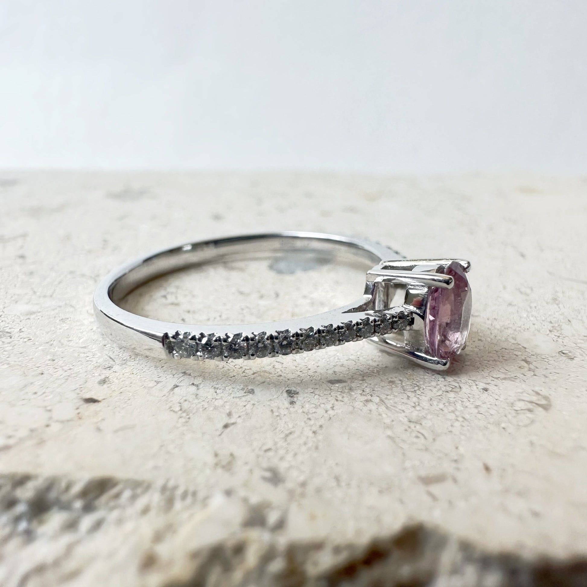 14K Solid White Gold Genuine Oval Pink Sapphire and Diamond Ring