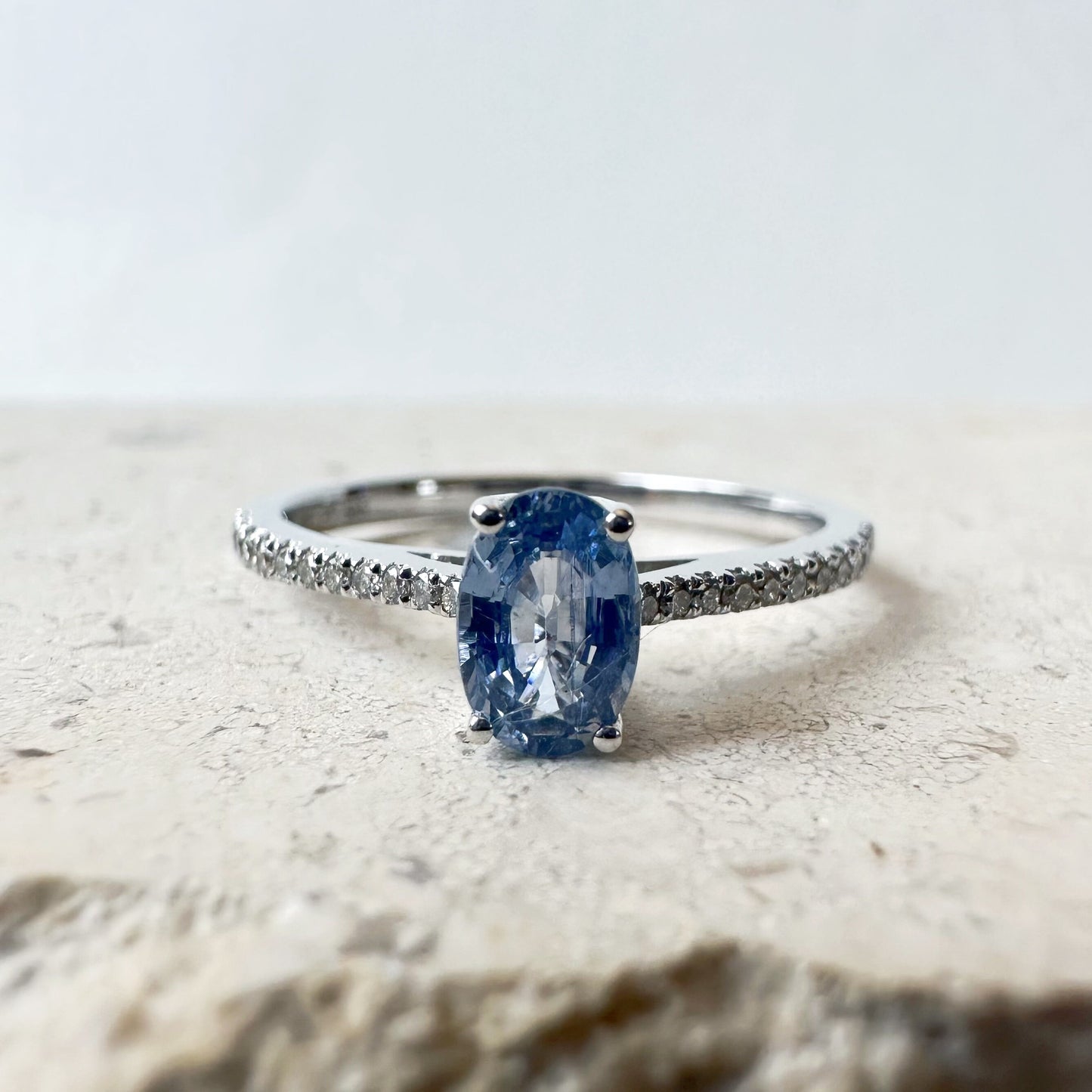 14K Solid White Gold Genuine Oval Ceylon Sapphire and Diamond Ring