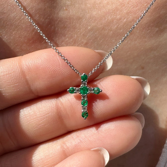14K Solid White Gold Genuine Emerald and Diamond Cross Pendant