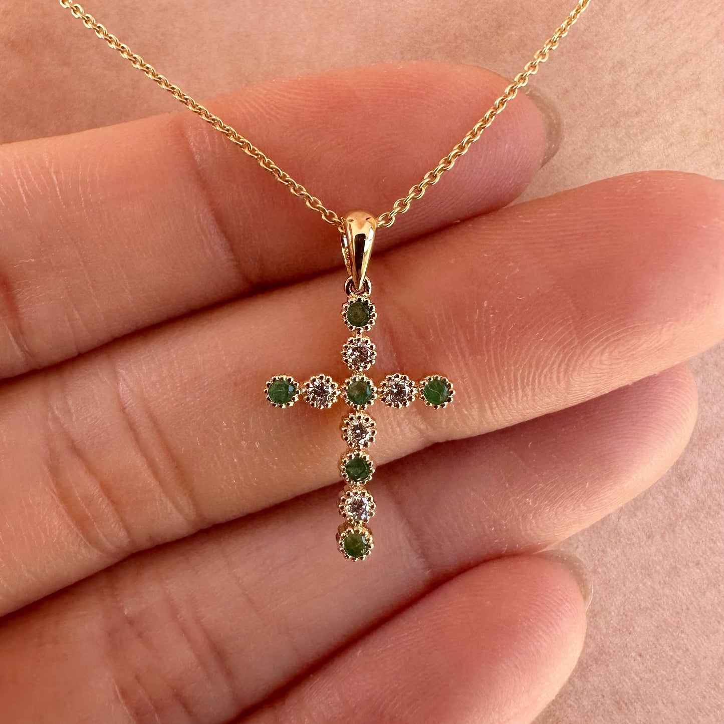 14K Solid Gold Genuine Emerald and Diamond Bezel Cross Pendant