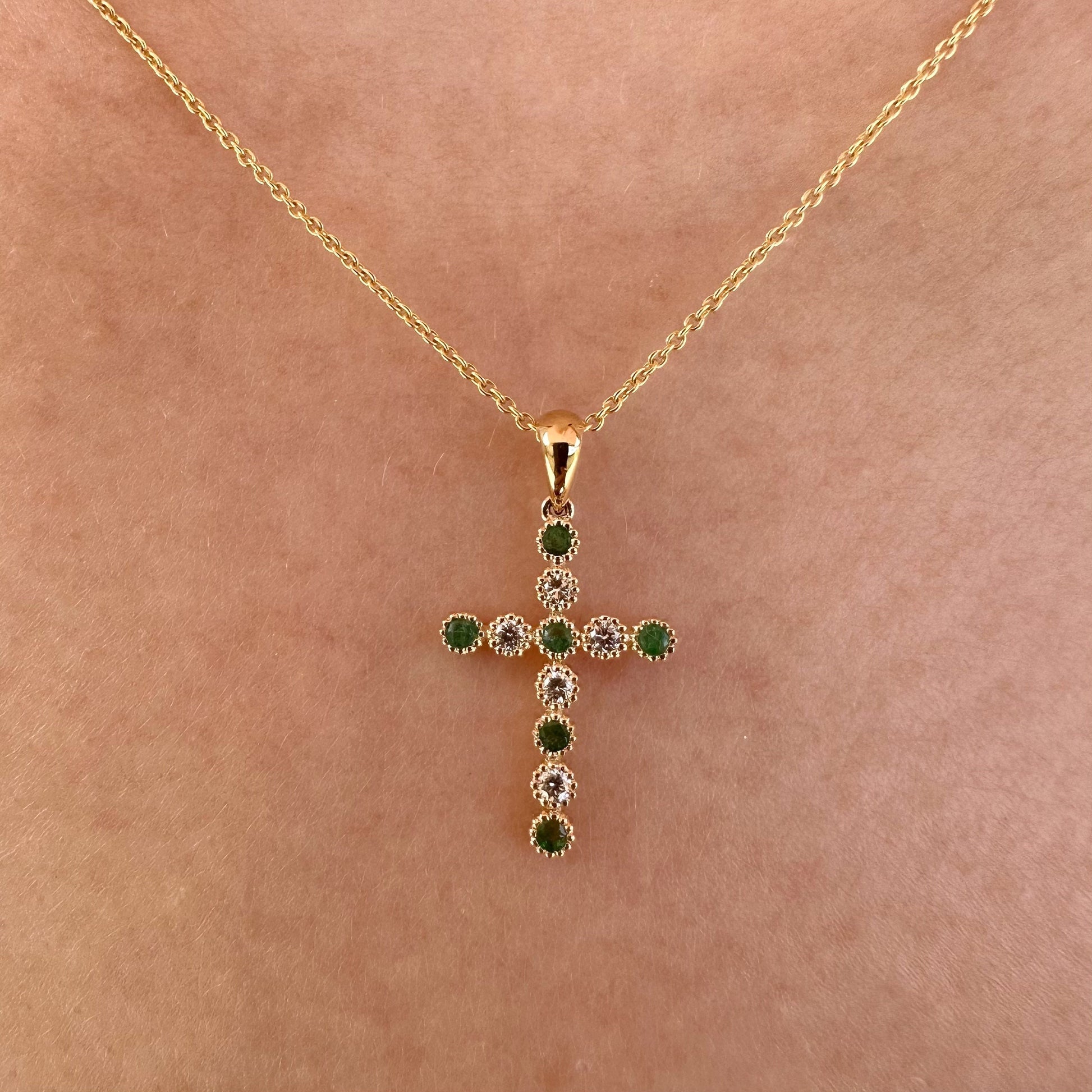 14K Solid Gold Genuine Emerald and Diamond Bezel Cross Pendant