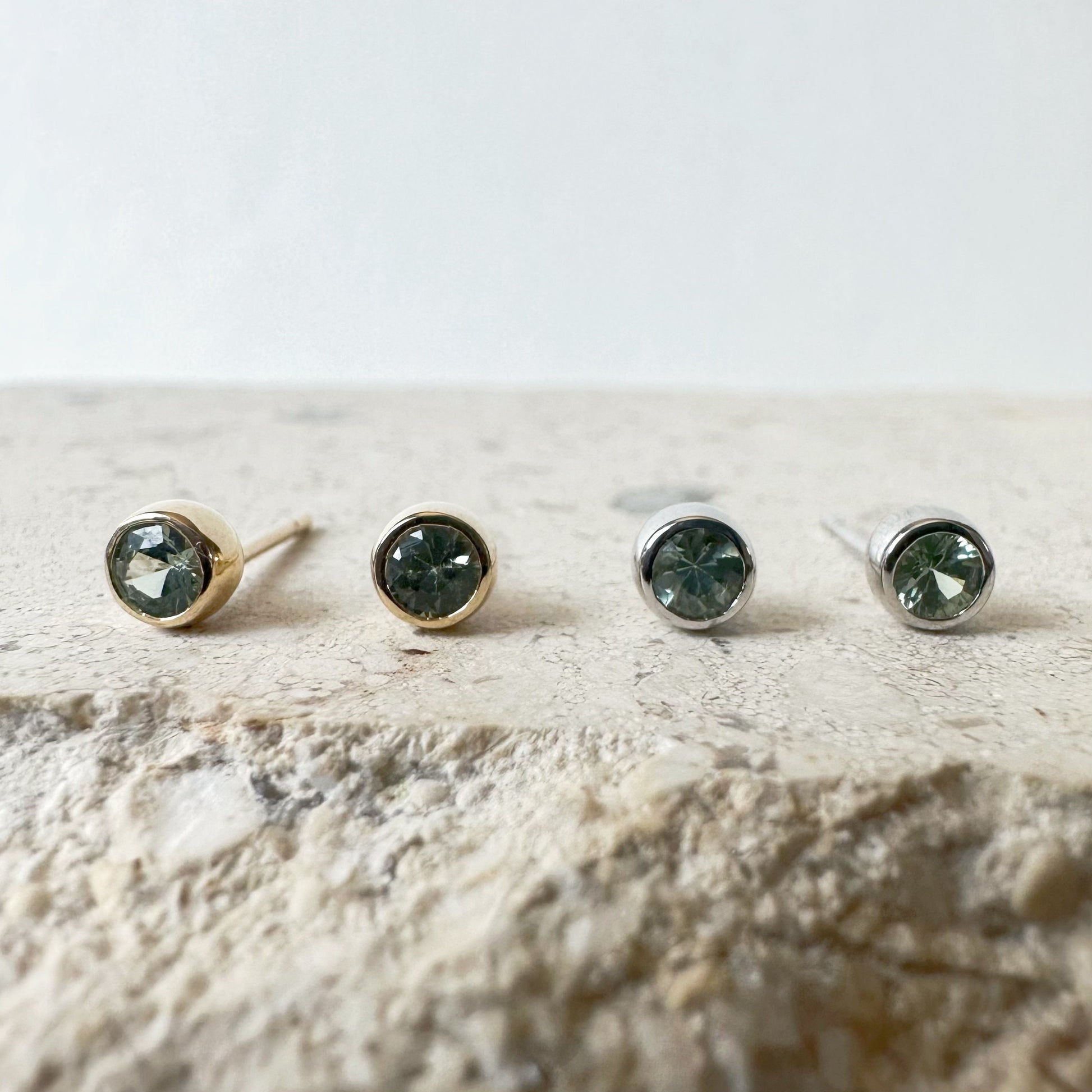 14K Solid Gold Genuine Green Sapphire Round Bezel Studs/Pair