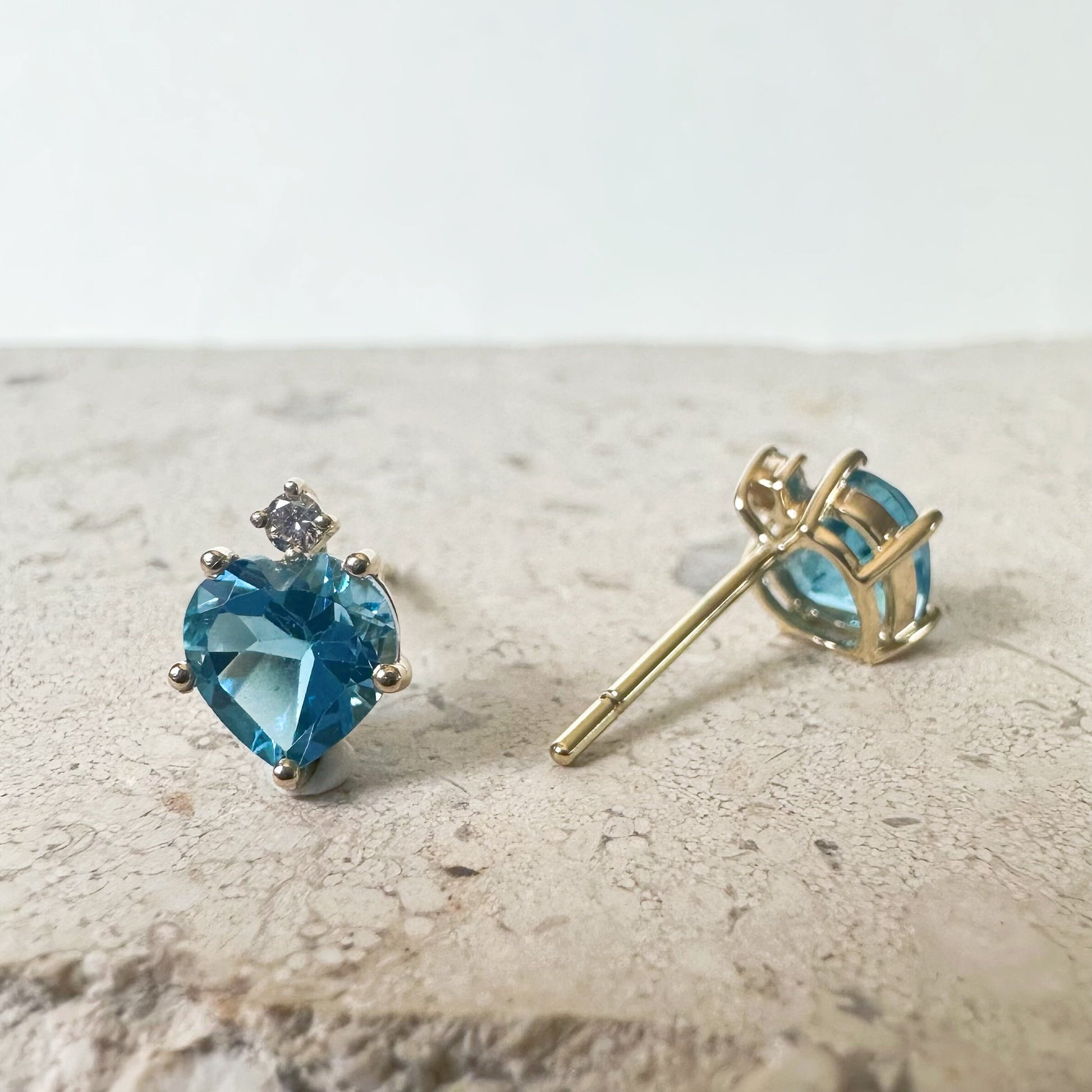 14K Solid Gold Genuine 2 Carat Blue Topaz and Diamond Heart Studs/Pair