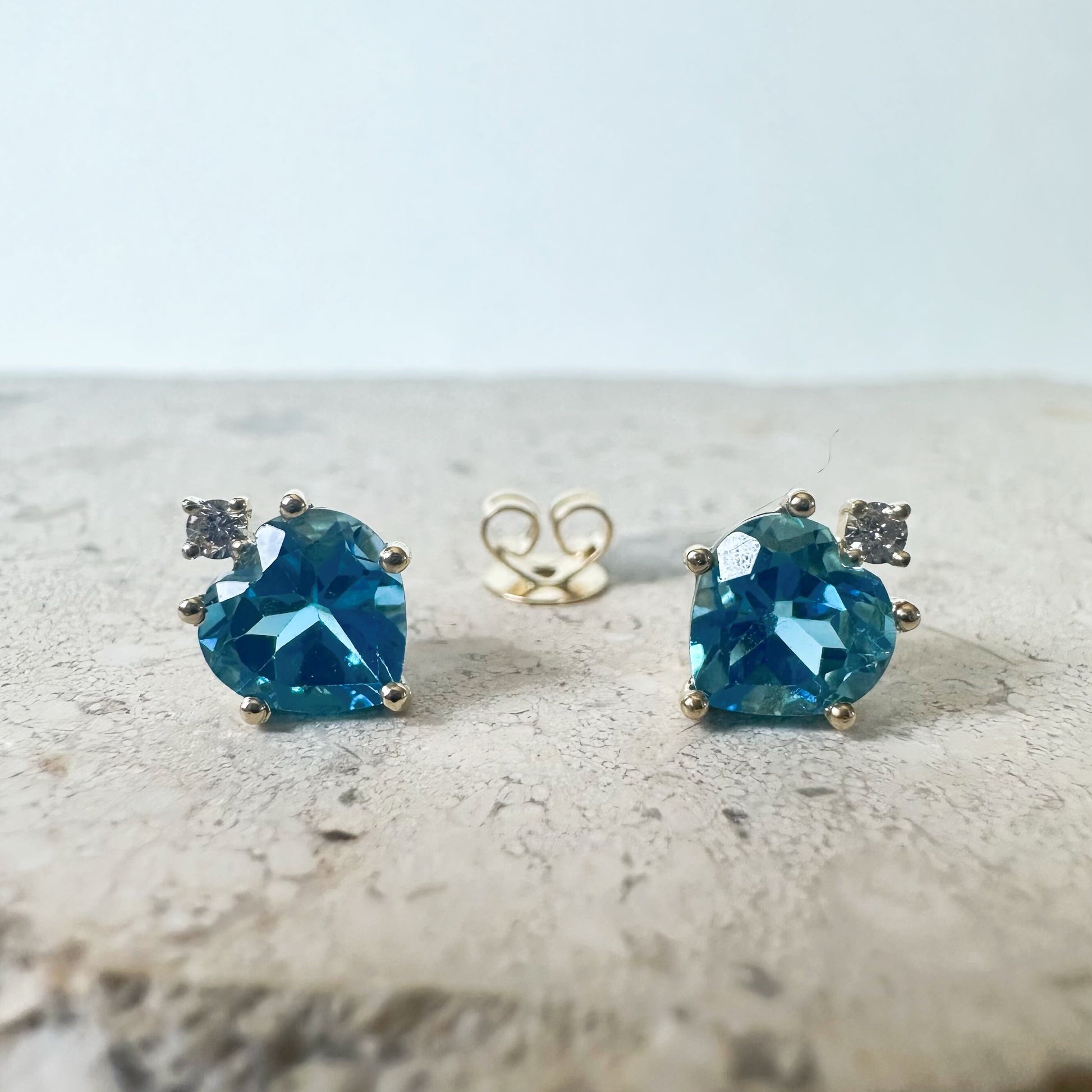 14K Solid Gold Genuine 2 Carat Blue Topaz and Diamond Heart Studs/Pair