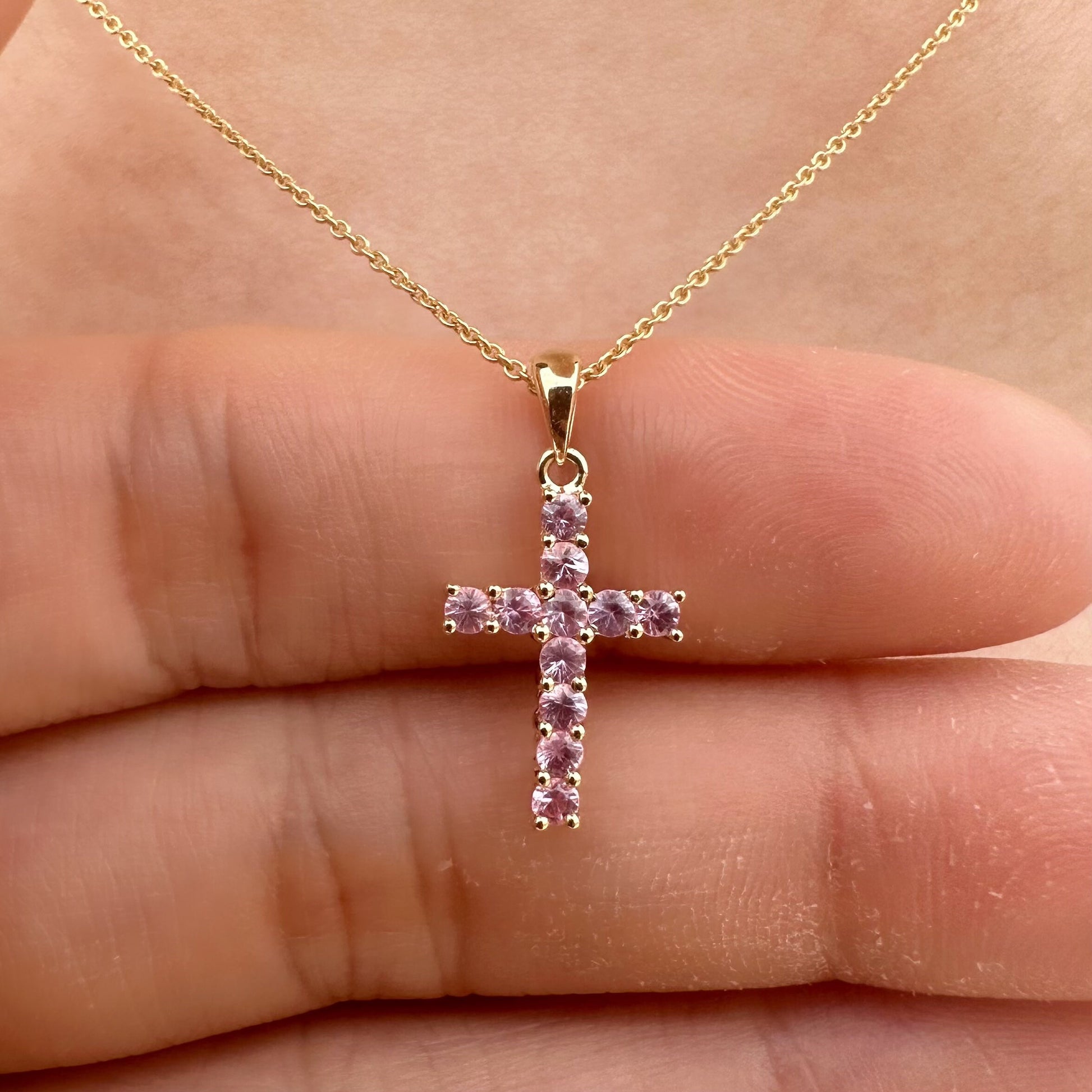 14K Solid Gold Genuine Pink Sapphire Cross Pendant