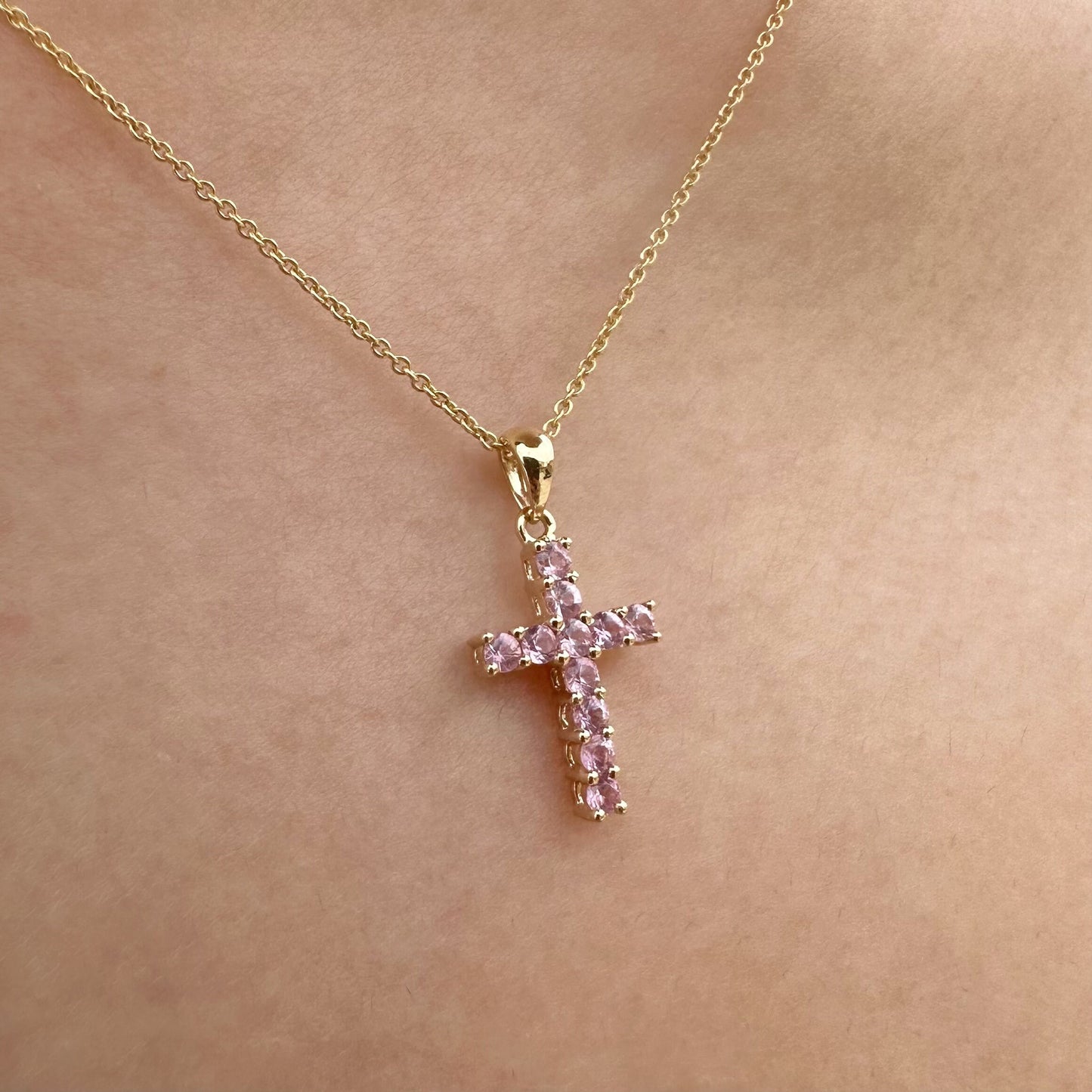 14K Solid Gold Genuine Pink Sapphire Cross Pendant