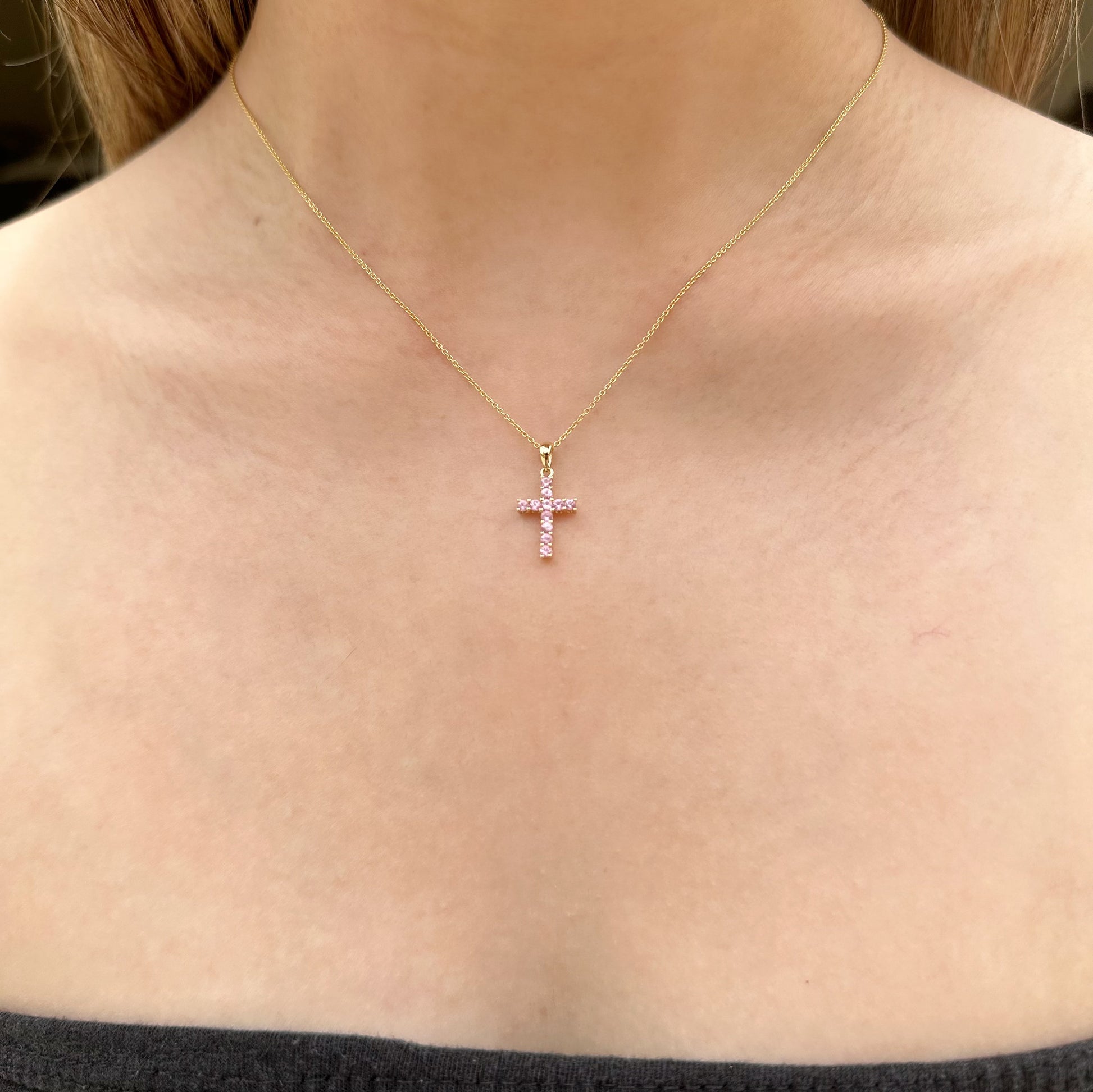 14K Solid Gold Genuine Pink Sapphire Cross Pendant