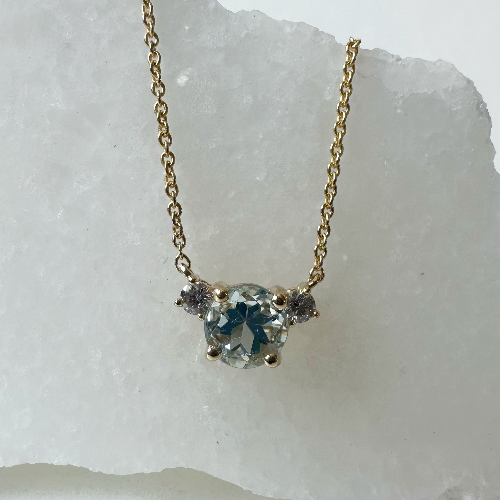 14K Solid Gold Genuine Aquamarine and Diamond Necklace