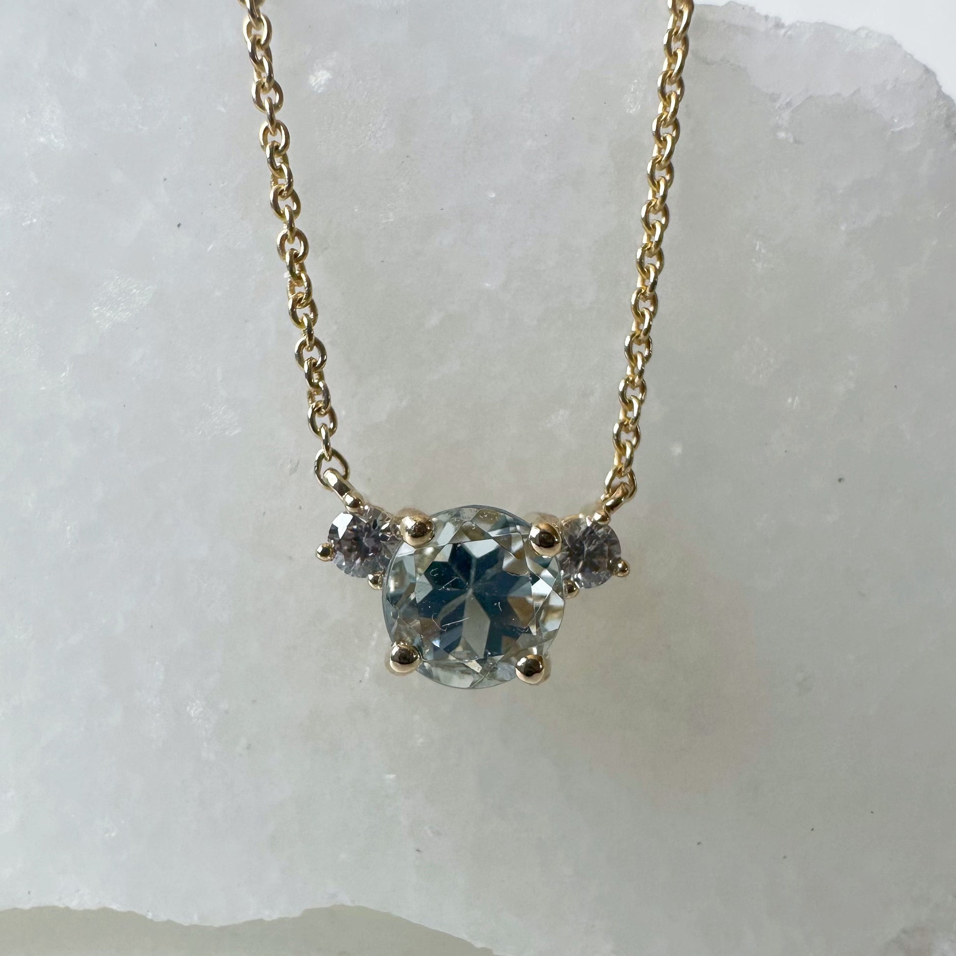 14K Solid Gold Genuine Aquamarine and Diamond Necklace