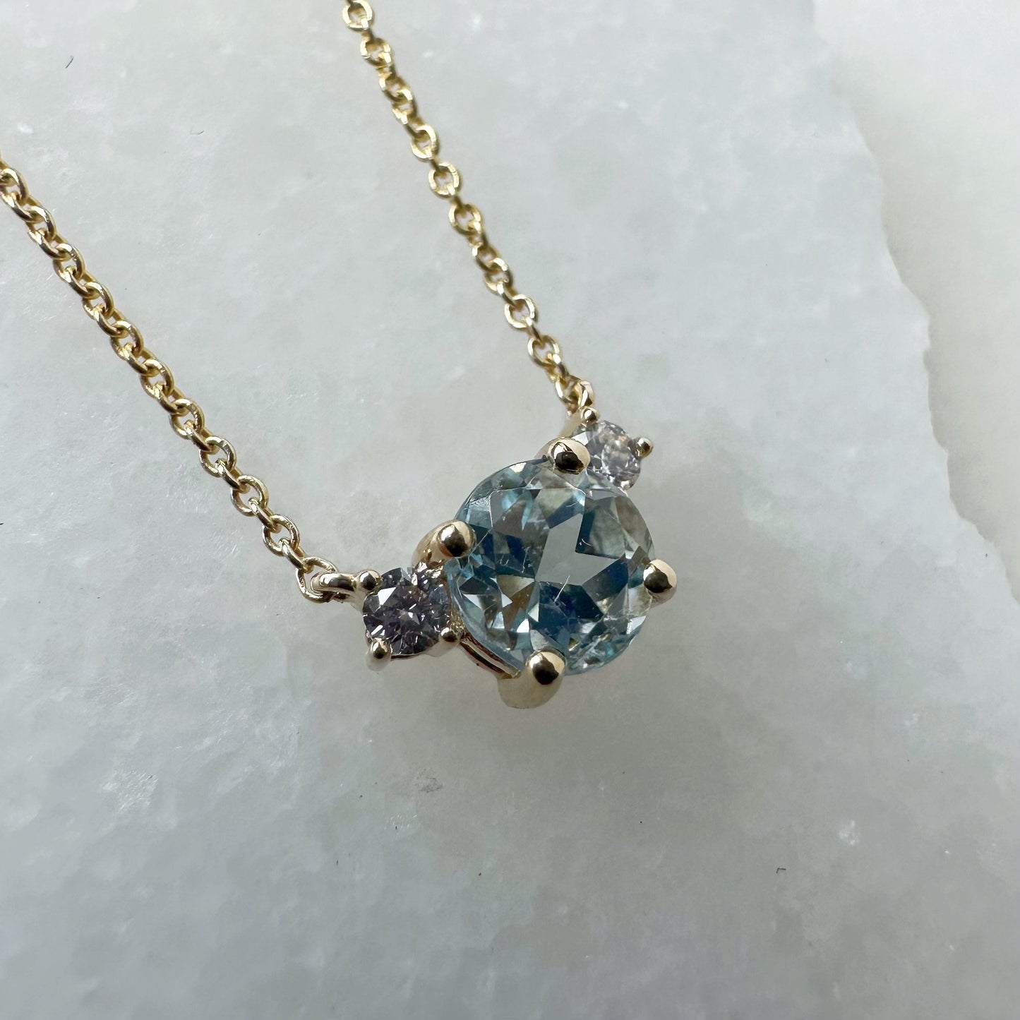 14K Solid Gold Genuine Aquamarine and Diamond Necklace