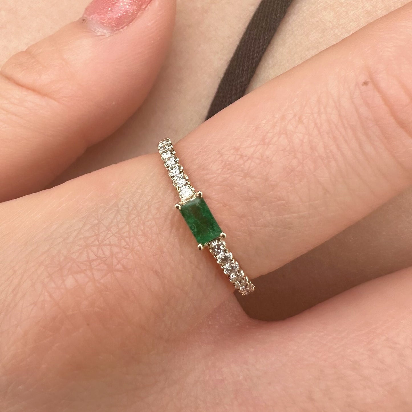 14K Solid Gold Genuine Baguette Emerald and Diamond Ring