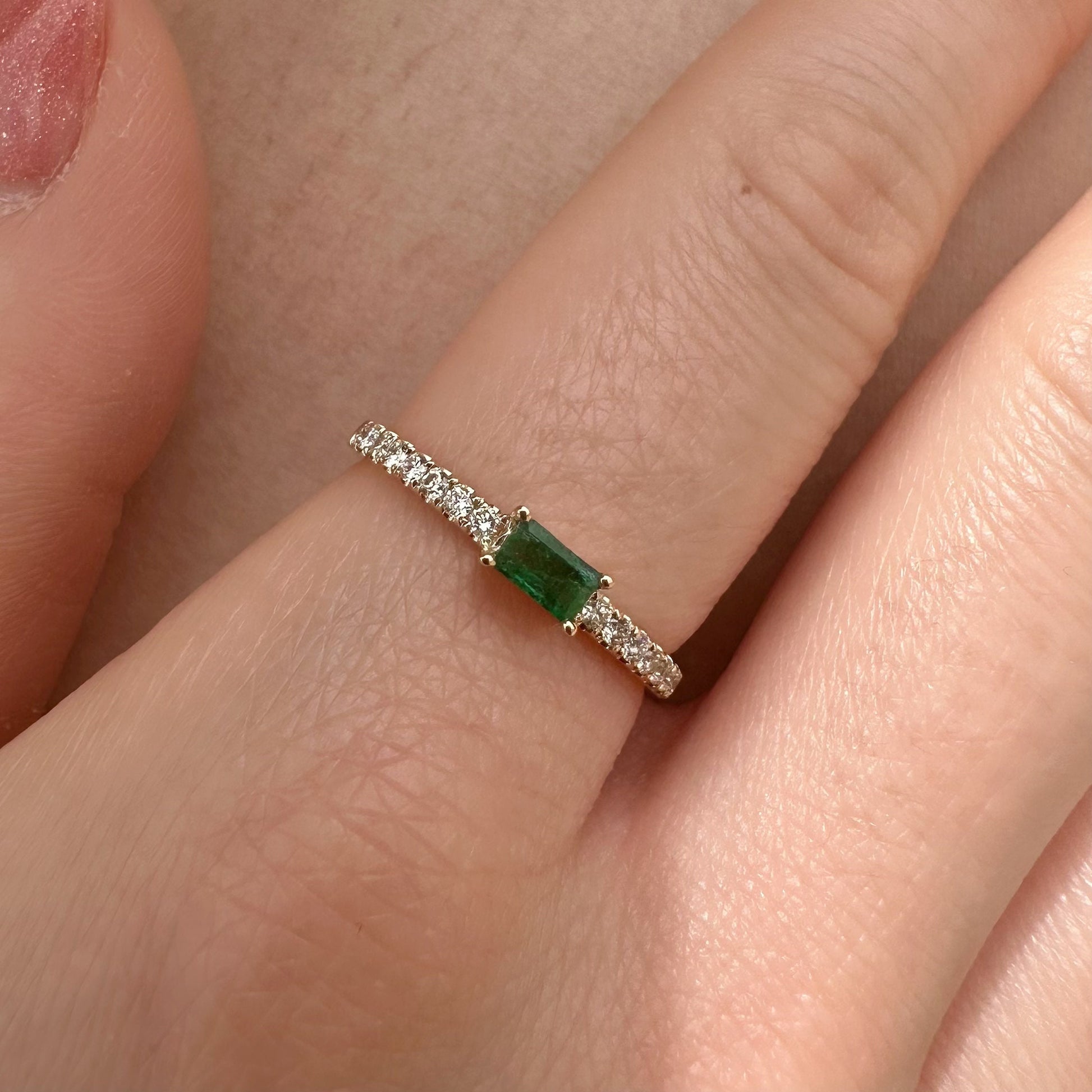 14K Solid Gold Genuine Baguette Emerald and Diamond Ring