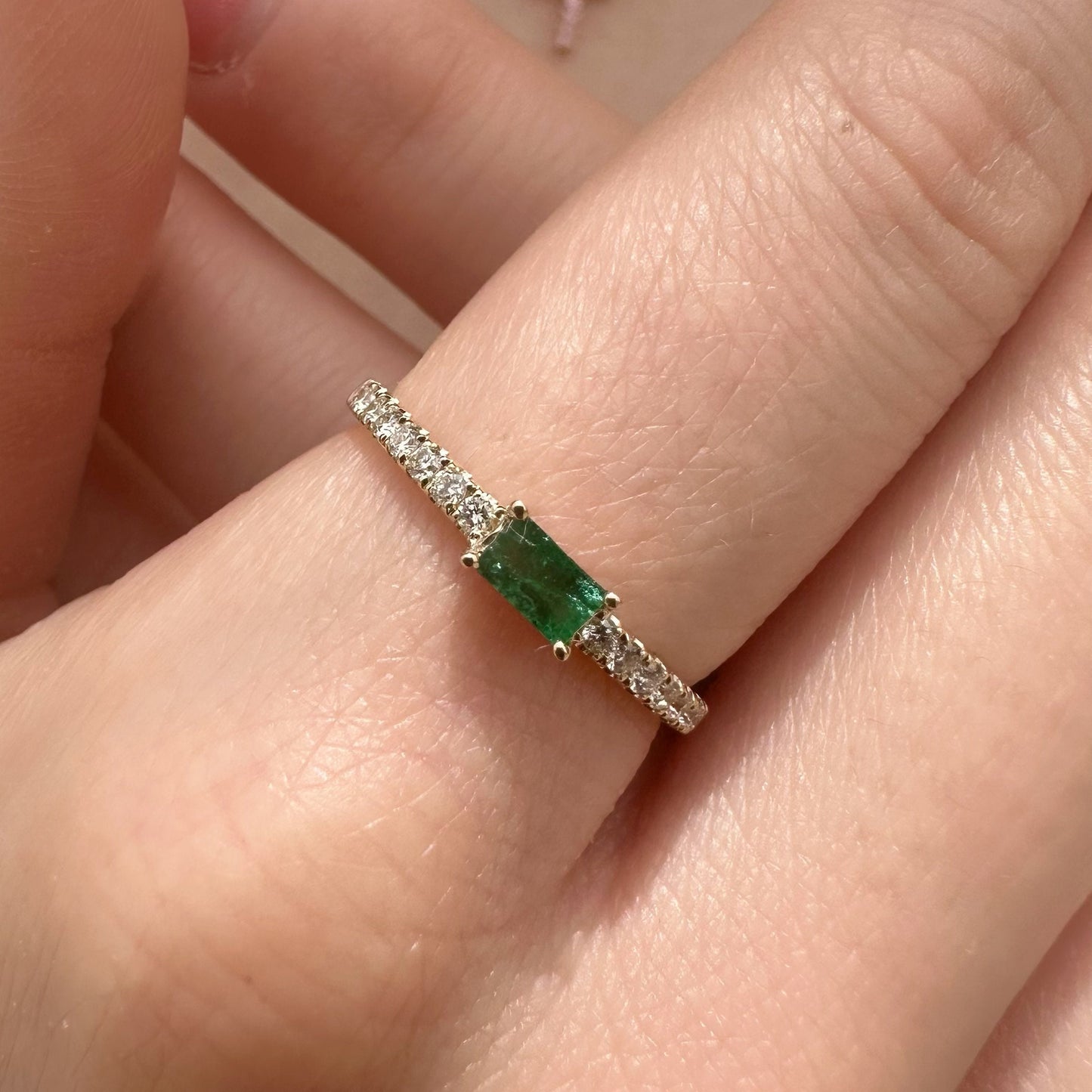 14K Solid Gold Genuine Baguette Emerald and Diamond Ring